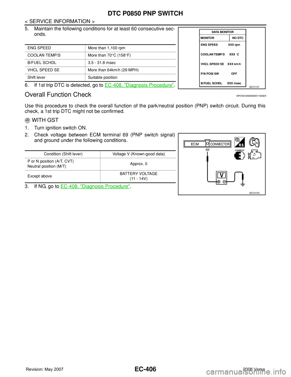 NISSAN LATIO 2008  Service Repair Manual EC-406
< SERVICE INFORMATION >
DTC P0850 PNP SWITCH
5. Maintain the following conditions for at least 60 consecutive sec-
onds.
6. If 1st trip DTC is detected, go to EC-408, "
Diagnosis Procedure&