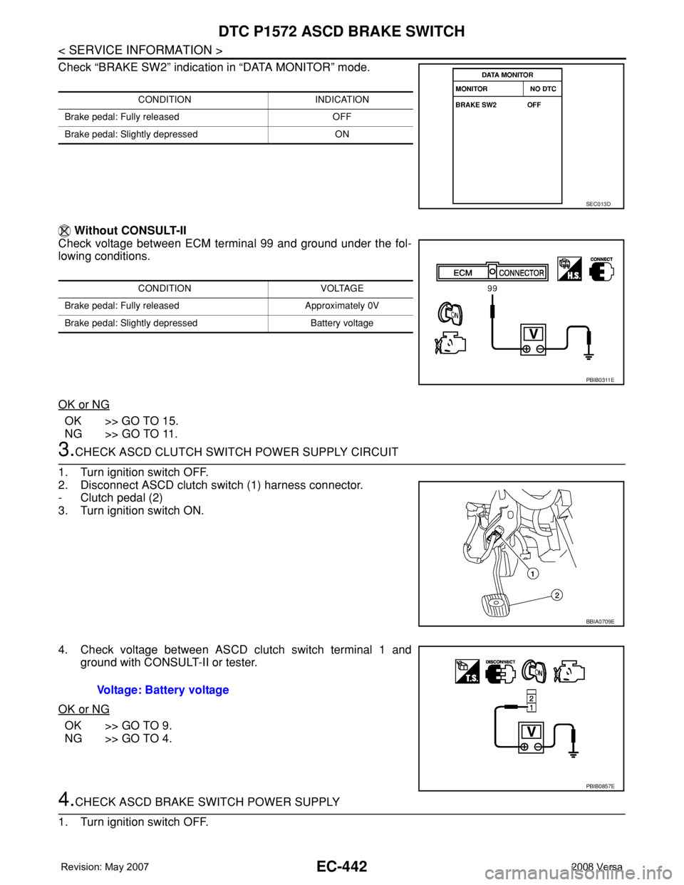 NISSAN LATIO 2008  Service Repair Manual EC-442
< SERVICE INFORMATION >
DTC P1572 ASCD BRAKE SWITCH
Check “BRAKE SW2” indication in “DATA MONITOR” mode. 
 Without CONSULT-II
Check voltage between ECM terminal 99 and ground under the 