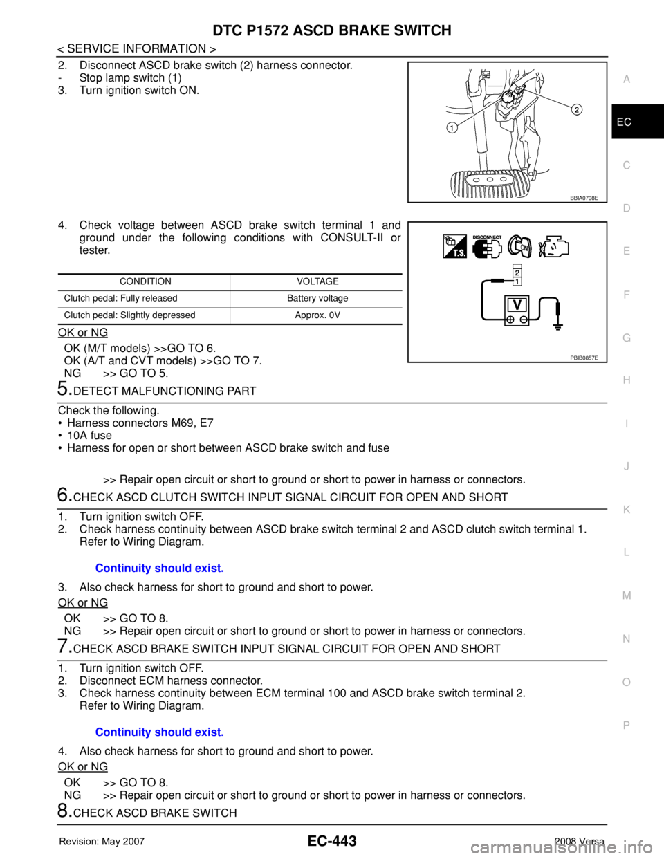 NISSAN LATIO 2008 Service Repair Manual DTC P1572 ASCD BRAKE SWITCH
EC-443
< SERVICE INFORMATION >
C
D
E
F
G
H
I
J
K
L
MA
EC
N
P O
2. Disconnect ASCD brake switch (2) harness connector.
- Stop lamp switch (1)
3. Turn ignition switch ON.
4. NISSAN LATIO 2008 Service Repair Manual DTC P1572 ASCD BRAKE SWITCH
EC-443
< SERVICE INFORMATION >
C
D
E
F
G
H
I
J
K
L
MA
EC
N
P O
2. Disconnect ASCD brake switch (2) harness connector.
- Stop lamp switch (1)
3. Turn ignition switch ON.
4.