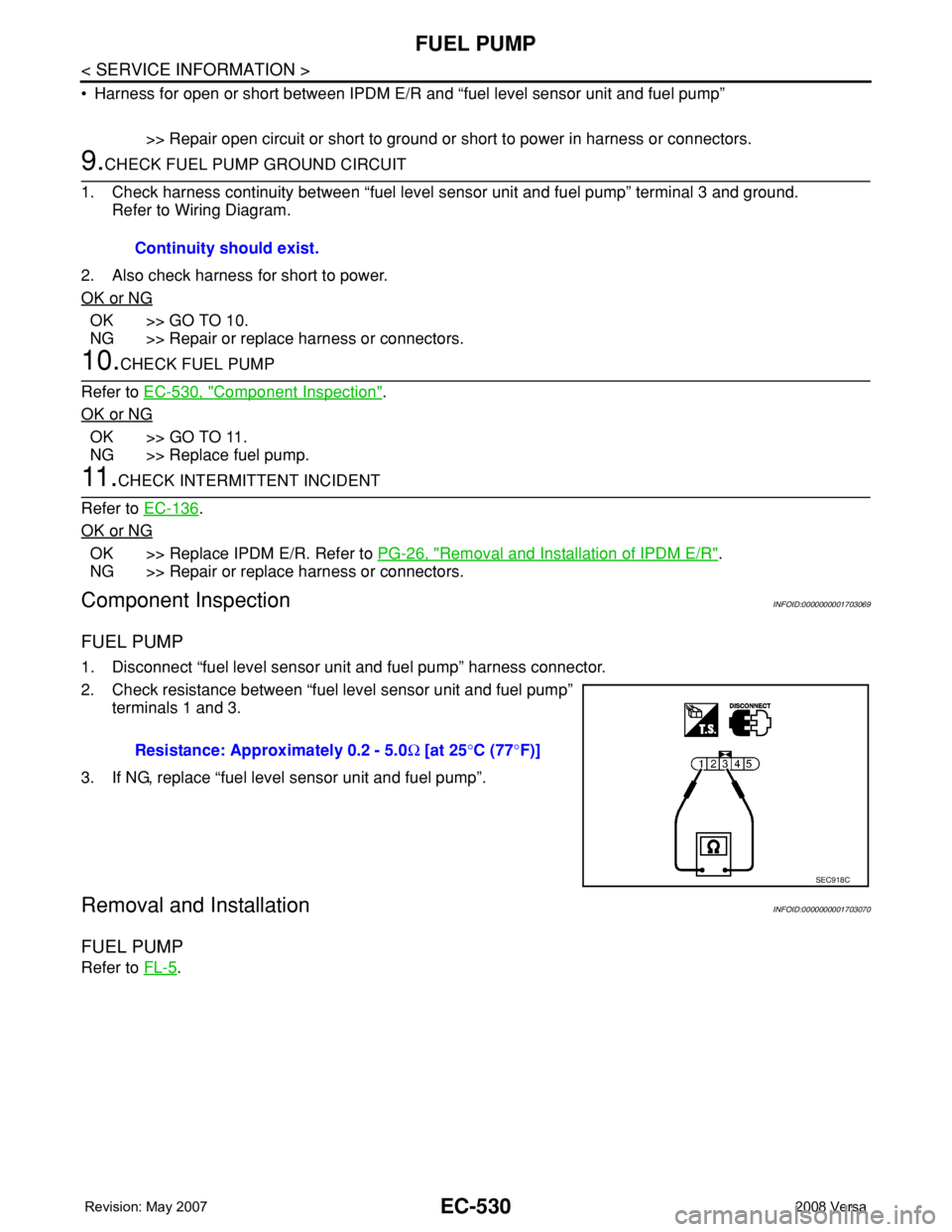 NISSAN LATIO 2008 Service Repair Manual EC-530
< SERVICE INFORMATION >
FUEL PUMP
• Harness for open or short between IPDM E/R and “fuel level sensor unit and fuel pump”
>> Repair open circuit or short to ground or short to power in ha NISSAN LATIO 2008 Service Repair Manual EC-530
< SERVICE INFORMATION >
FUEL PUMP
• Harness for open or short between IPDM E/R and “fuel level sensor unit and fuel pump”
>> Repair open circuit or short to ground or short to power in ha