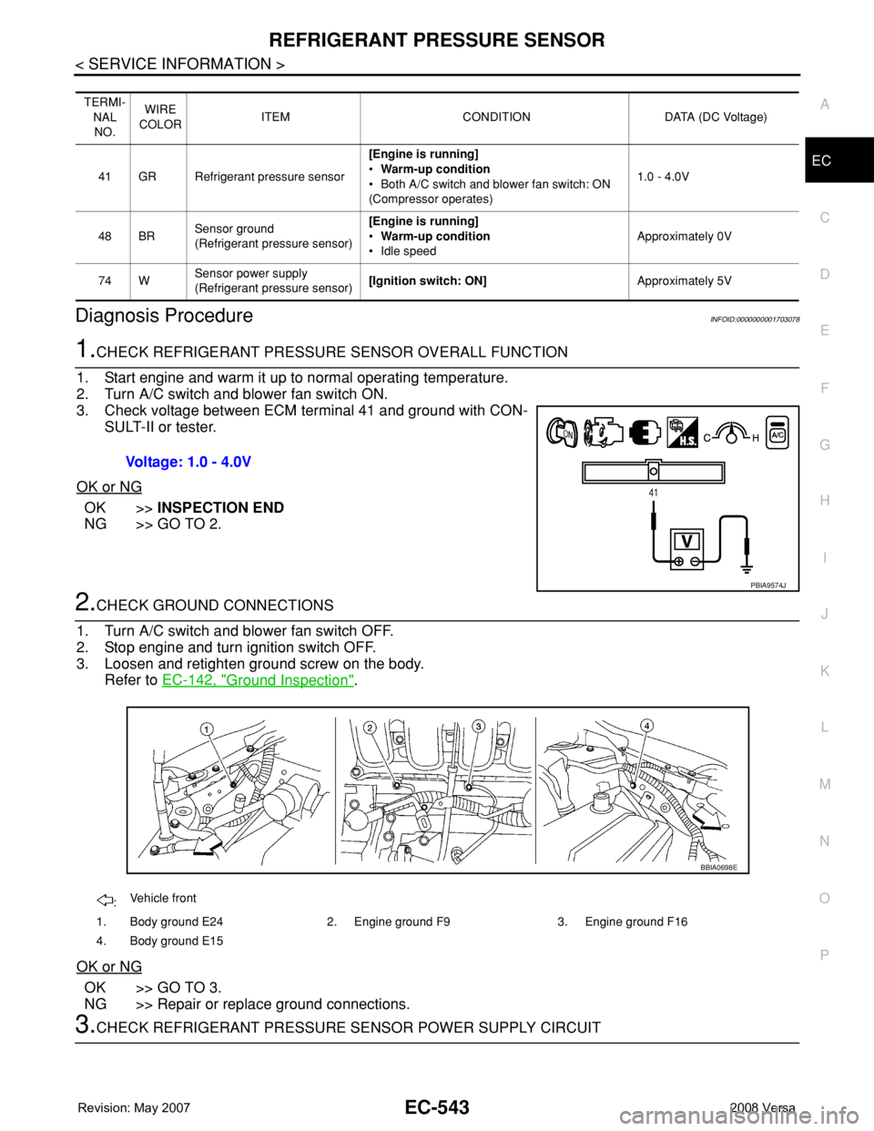 NISSAN LATIO 2008 Service Repair Manual REFRIGERANT PRESSURE SENSOR
EC-543
< SERVICE INFORMATION >
C
D
E
F
G
H
I
J
K
L
MA
EC
N
P O
Diagnosis ProcedureINFOID:0000000001703078
1.CHECK REFRIGERANT PRESSURE SENSOR OVERALL FUNCTION
1. Start engi NISSAN LATIO 2008 Service Repair Manual REFRIGERANT PRESSURE SENSOR
EC-543
< SERVICE INFORMATION >
C
D
E
F
G
H
I
J
K
L
MA
EC
N
P O
Diagnosis ProcedureINFOID:0000000001703078
1.CHECK REFRIGERANT PRESSURE SENSOR OVERALL FUNCTION
1. Start engi
