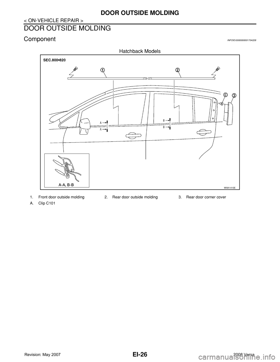 NISSAN LATIO 2008  Service Repair Manual EI-26
< ON-VEHICLE REPAIR >
DOOR OUTSIDE MOLDING
DOOR OUTSIDE MOLDING
ComponentINFOID:0000000001704228
Hatchback Models
WIIA1410E
1. Front door outside molding 2. Rear door outside molding 3. Rear doo