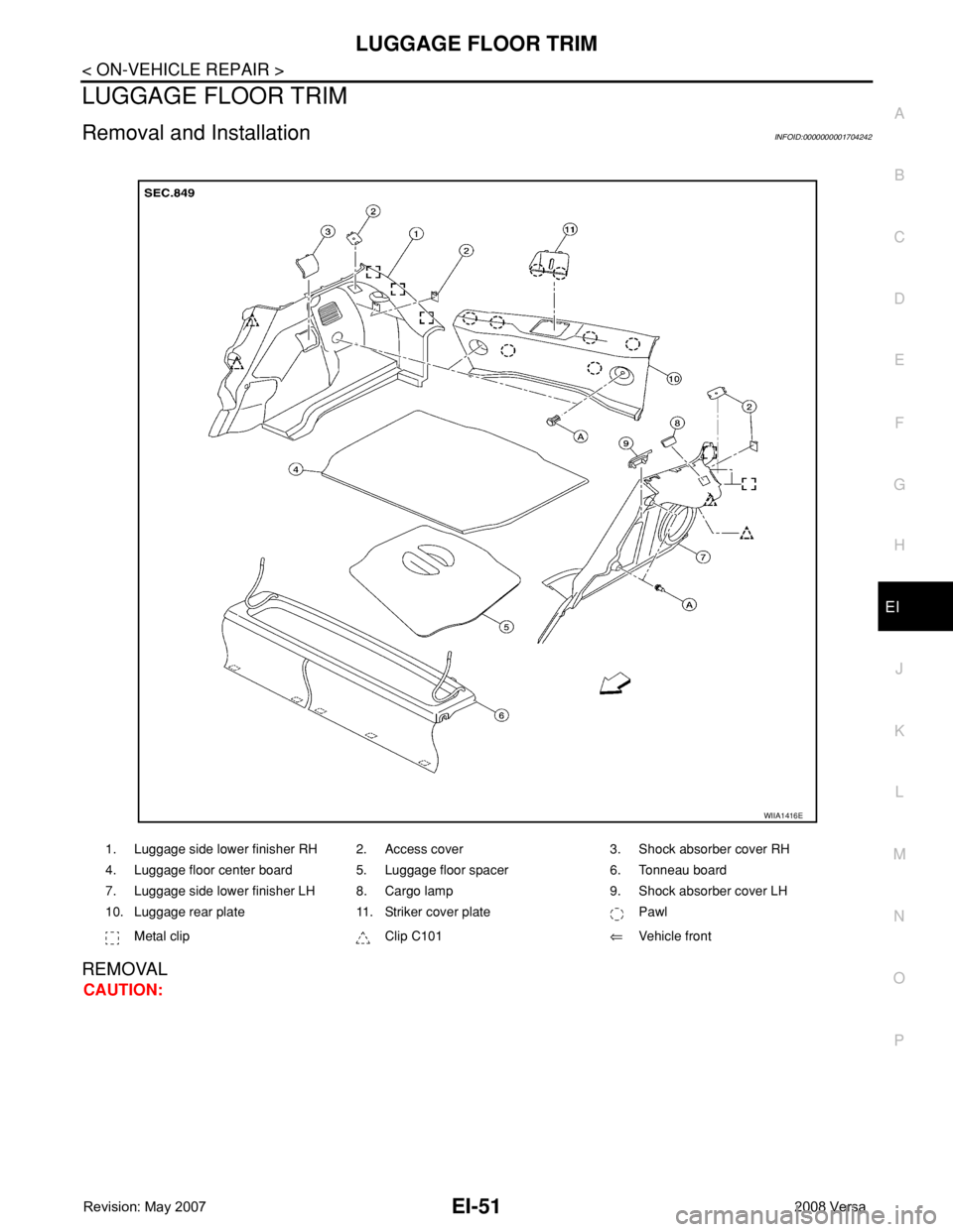 NISSAN LATIO 2008  Service Repair Manual LUGGAGE FLOOR TRIM
EI-51
< ON-VEHICLE REPAIR >
C
D
E
F
G
H
J
K
L
MA
B
EI
N
O
P
LUGGAGE FLOOR TRIM
Removal and InstallationINFOID:0000000001704242
REMOVAL
CAUTION:
1. Luggage side lower finisher RH 2. 