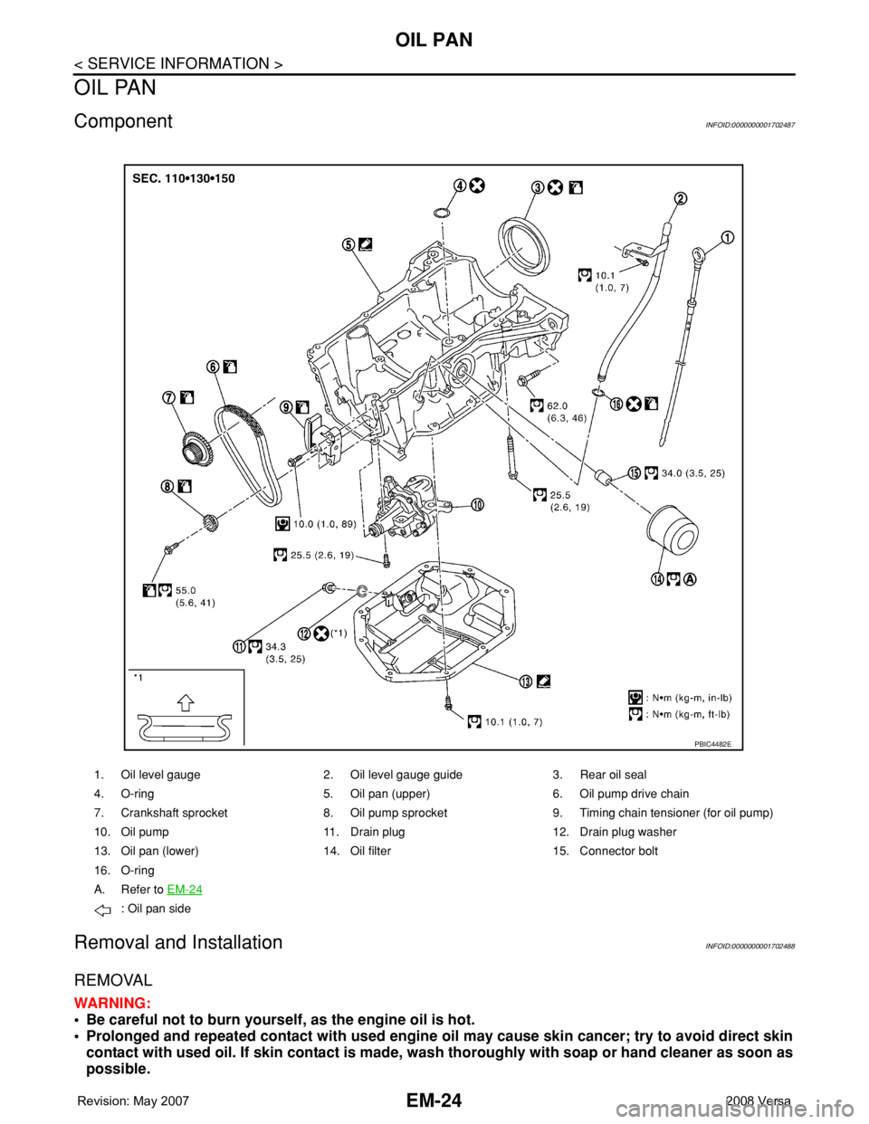 NISSAN LATIO 2008  Service Repair Manual EM-24
< SERVICE INFORMATION >
OIL PAN
OIL PAN
ComponentINFOID:0000000001702487
Removal and InstallationINFOID:0000000001702488
REMOVAL
WARNING:
• Be careful not to burn yourself, as the engine oil i