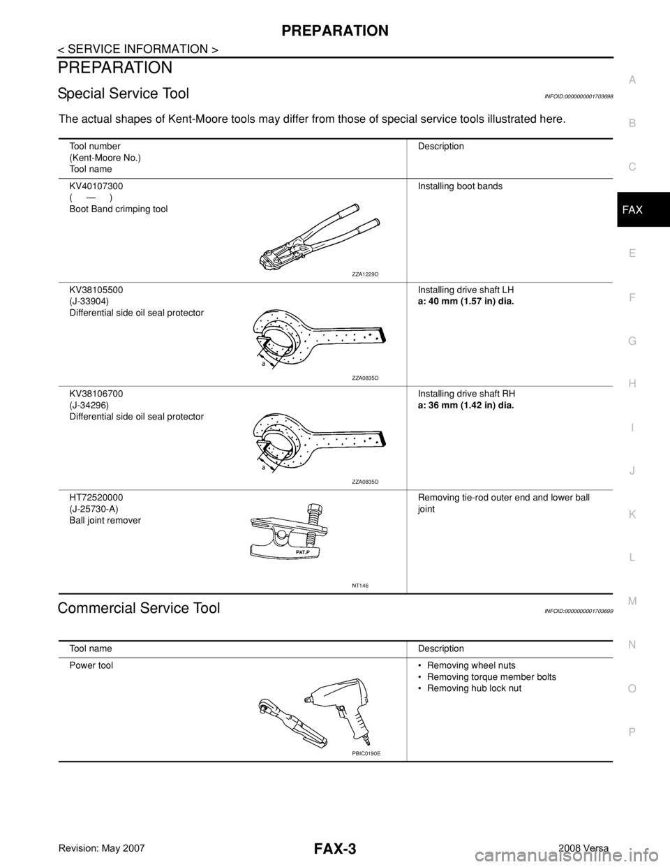 NISSAN LATIO 2008  Service Repair Manual PREPARATION
FAX-3
< SERVICE INFORMATION >
C
E
F
G
H
I
J
K
L
MA
B
FA X
N
O
P
PREPARATION
Special Service ToolINFOID:0000000001703698
The actual shapes of Kent-Moore tools may differ from those of speci