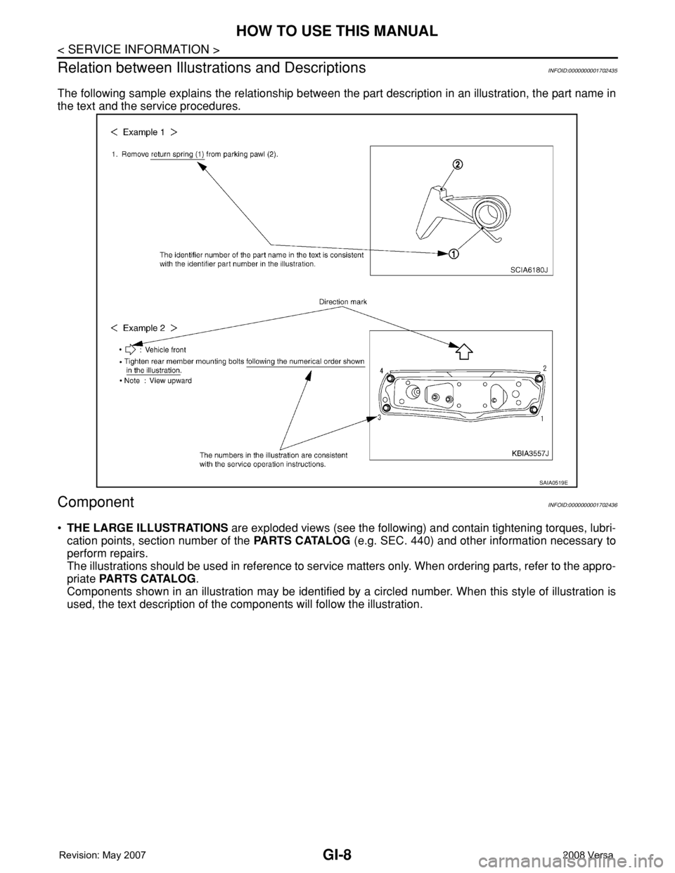 NISSAN LATIO 2008  Service Repair Manual GI-8
< SERVICE INFORMATION >
HOW TO USE THIS MANUAL
Relation between Illustrations and Descriptions
INFOID:0000000001702435
The following sample explains the relationship between the part description 