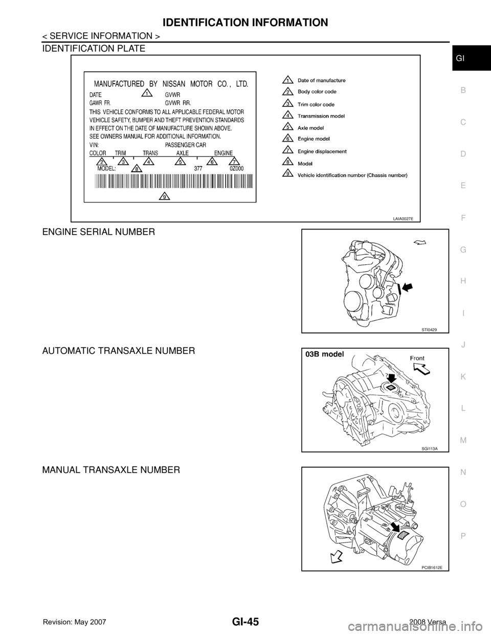 NISSAN LATIO 2008  Service Repair Manual IDENTIFICATION INFORMATION
GI-45
< SERVICE INFORMATION >
C
D
E
F
G
H
I
J
K
L
MB
GI
N
O
P
IDENTIFICATION PLATE 
ENGINE SERIAL NUMBER 
AUTOMATIC TRANSAXLE NUMBER 
MANUAL TRANSAXLE NUMBER 
LAIA0027E
STI0