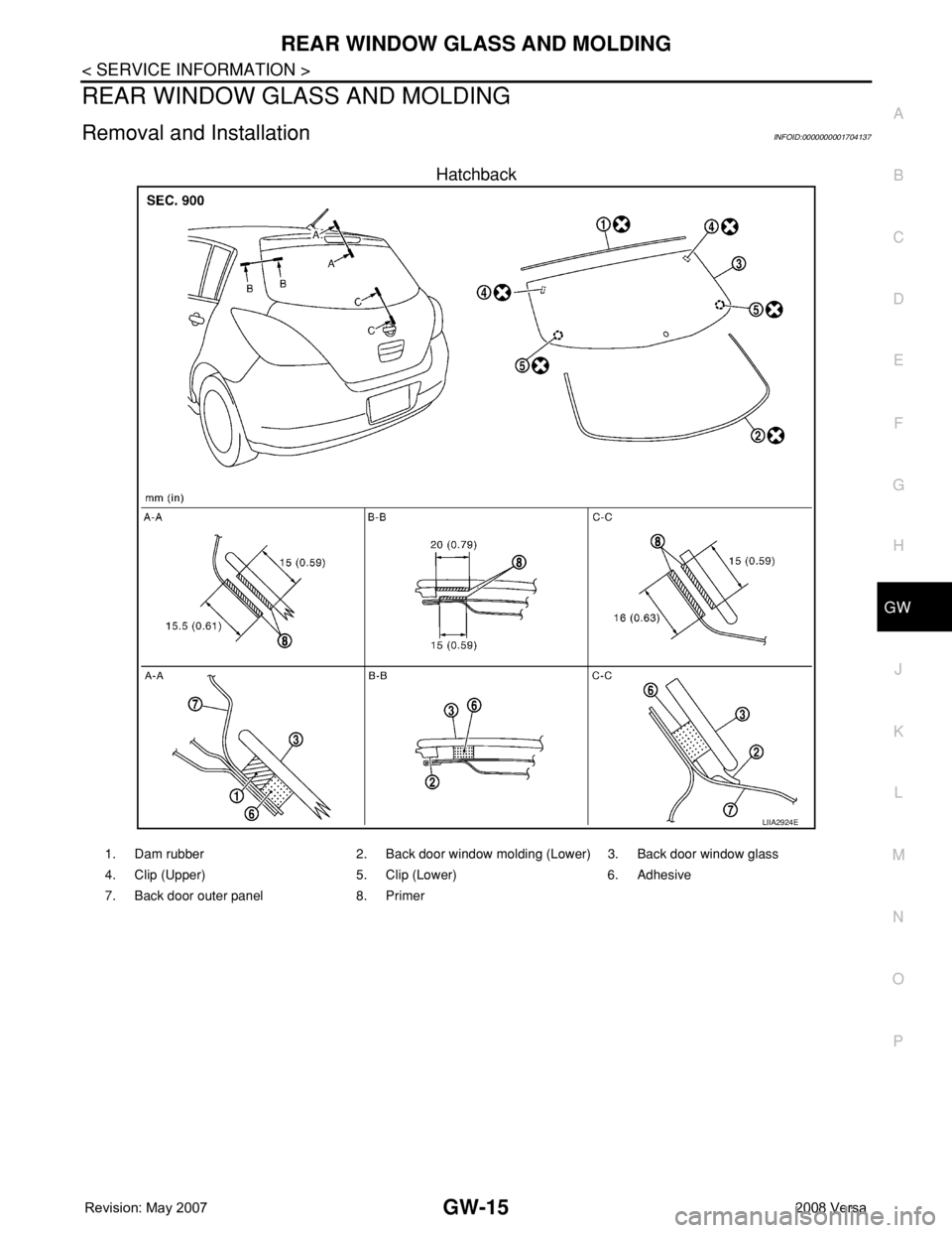 NISSAN LATIO 2008  Service Repair Manual REAR WINDOW GLASS AND MOLDING
GW-15
< SERVICE INFORMATION >
C
D
E
F
G
H
J
K
L
MA
B
GW
N
O
P
REAR WINDOW GLASS AND MOLDING
Removal and InstallationINFOID:0000000001704137
Hatchback
LIIA2924E
1. Dam rub