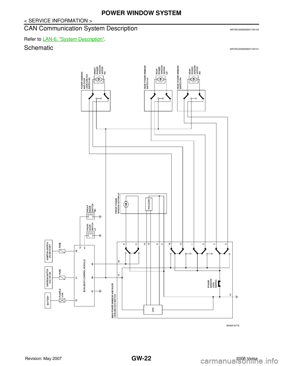 NISSAN LATIO 2008  Service Repair Manual GW-22
< SERVICE INFORMATION >
POWER WINDOW SYSTEM
CAN Communication System Description
INFOID:0000000001704140
Refer to LAN-6, "System Description".
SchematicINFOID:0000000001704141
WIWA1977E 
