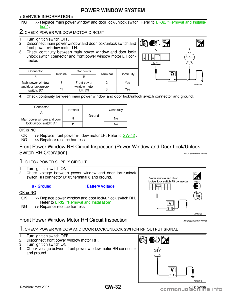 NISSAN LATIO 2008 Service Repair Manual GW-32
< SERVICE INFORMATION >
POWER WINDOW SYSTEM
NG >> Replace main power window and door lock/unlock switch. Refer to EI-32, "Removal and Installa-
tion" .
2.CHECK POWER WINDOW MOTOR CIRCUIT NISSAN LATIO 2008 Service Repair Manual GW-32
< SERVICE INFORMATION >
POWER WINDOW SYSTEM
NG >> Replace main power window and door lock/unlock switch. Refer to EI-32, "Removal and Installa-
tion" .
2.CHECK POWER WINDOW MOTOR CIRCUIT