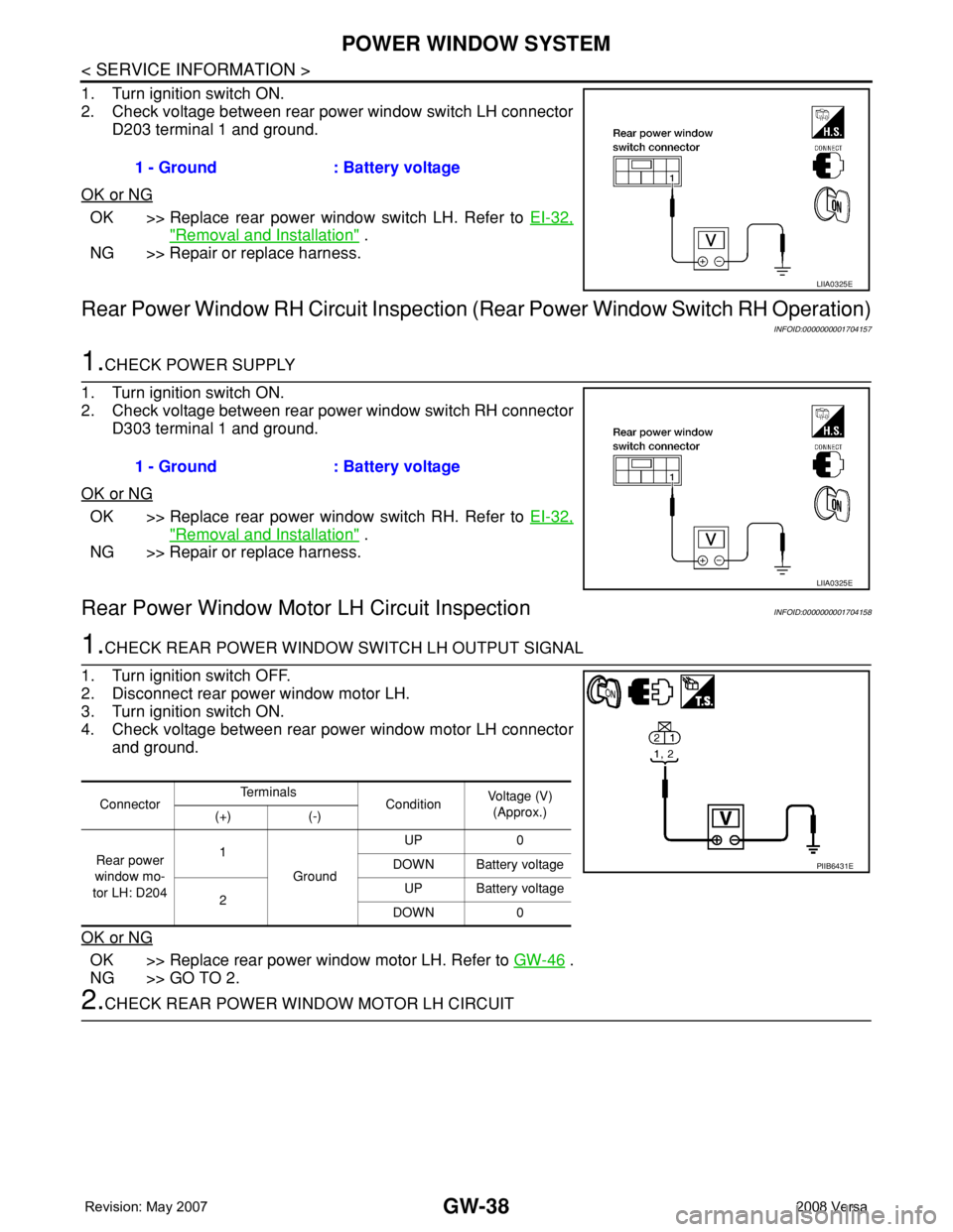 NISSAN LATIO 2008 Service Repair Manual GW-38
< SERVICE INFORMATION >
POWER WINDOW SYSTEM
1. Turn ignition switch ON.
2. Check voltage between rear power window switch LH connector
D203 terminal 1 and ground.
OK or NG
OK >> Replace rear pow NISSAN LATIO 2008 Service Repair Manual GW-38
< SERVICE INFORMATION >
POWER WINDOW SYSTEM
1. Turn ignition switch ON.
2. Check voltage between rear power window switch LH connector
D203 terminal 1 and ground.
OK or NG
OK >> Replace rear pow