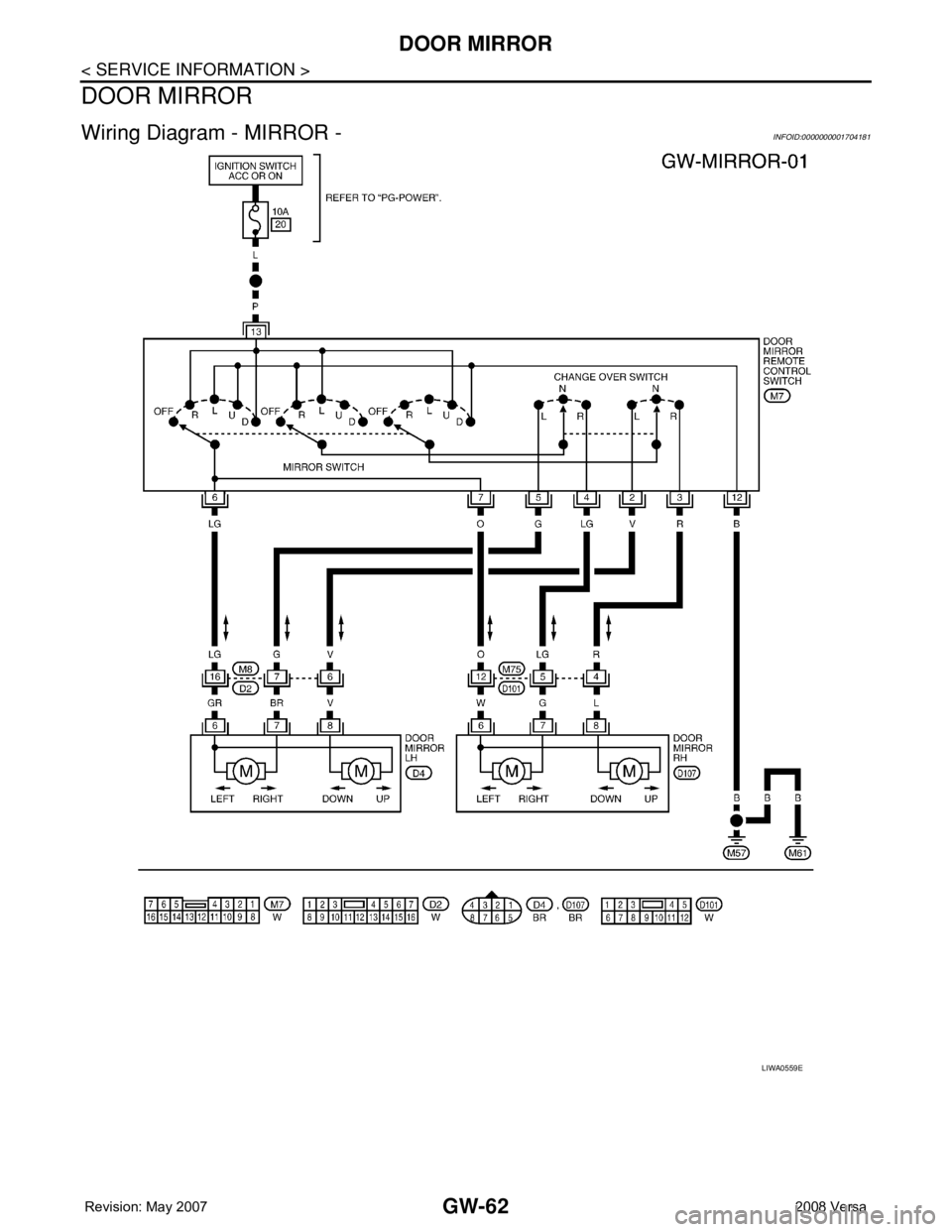 NISSAN LATIO 2008  Service Repair Manual GW-62
< SERVICE INFORMATION >
DOOR MIRROR
DOOR MIRROR
Wiring Diagram - MIRROR -INFOID:0000000001704181
LIWA0559E 