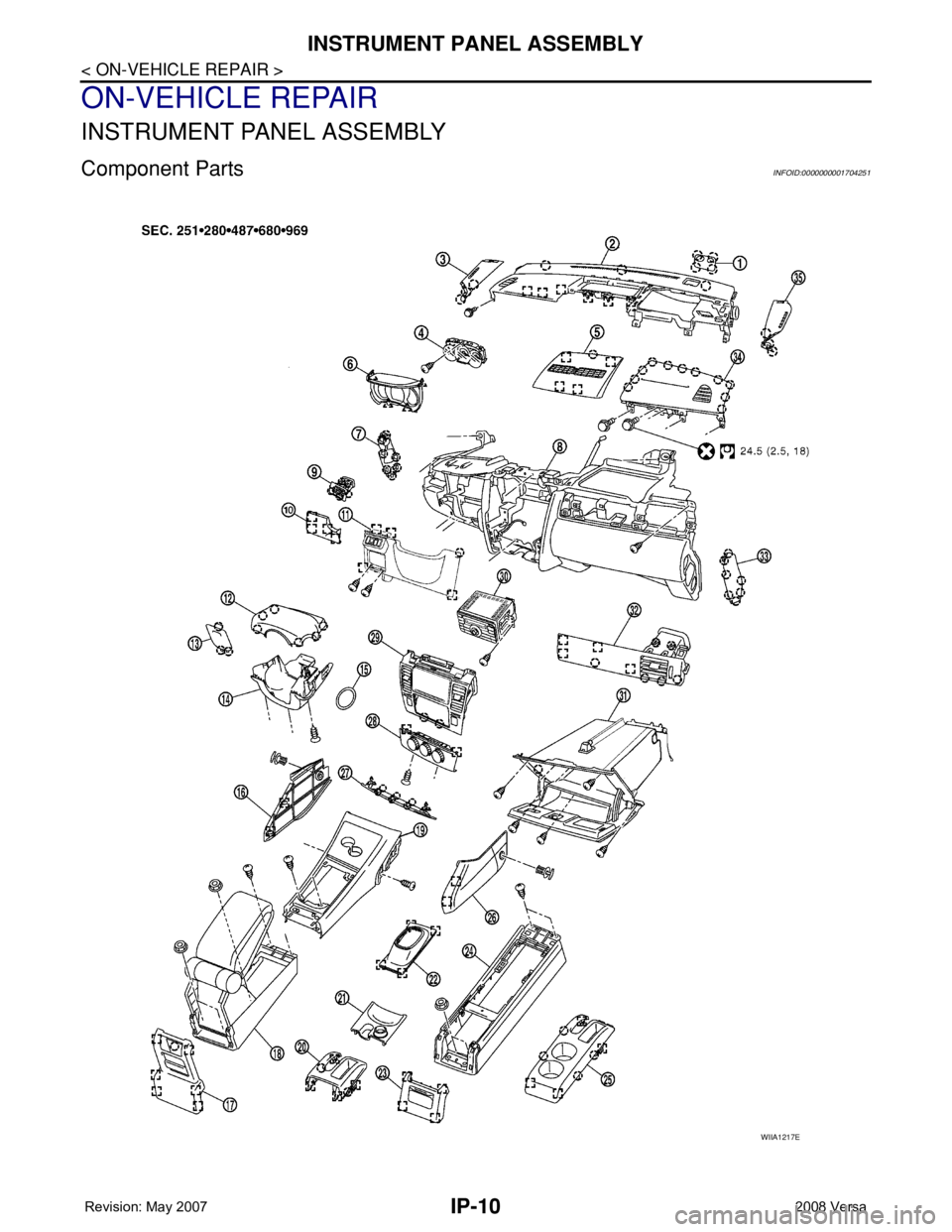 NISSAN LATIO 2008  Service Repair Manual IP-10
< ON-VEHICLE REPAIR >
INSTRUMENT PANEL ASSEMBLY
ON-VEHICLE REPAIR
INSTRUMENT PANEL ASSEMBLY
Component PartsINFOID:0000000001704251
WIIA1217E 