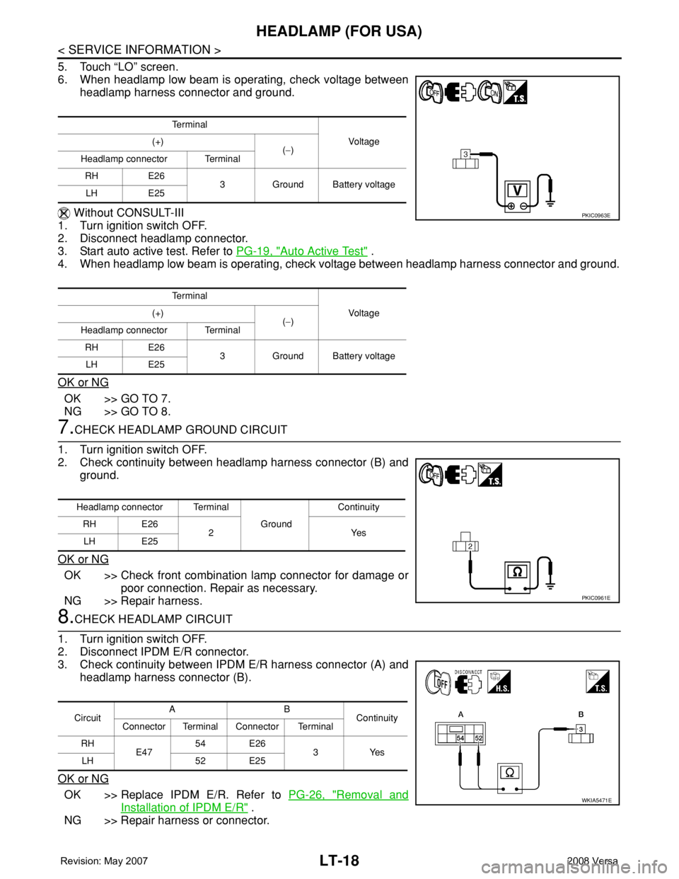 NISSAN LATIO 2008 Service Repair Manual LT-18
< SERVICE INFORMATION >
HEADLAMP (FOR USA)
5. Touch “LO” screen.
6. When headlamp low beam is operating, check voltage between
headlamp harness connector and ground.
Without CONSULT-III
1. NISSAN LATIO 2008 Service Repair Manual LT-18
< SERVICE INFORMATION >
HEADLAMP (FOR USA)
5. Touch “LO” screen.
6. When headlamp low beam is operating, check voltage between
headlamp harness connector and ground.
Without CONSULT-III
1.