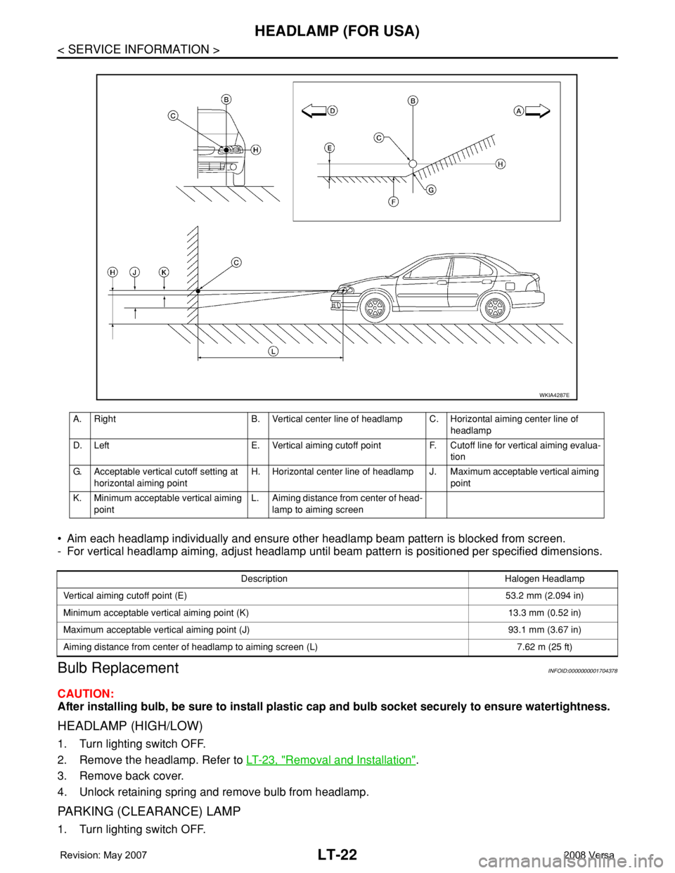 NISSAN LATIO 2008 Service Repair Manual LT-22
< SERVICE INFORMATION >
HEADLAMP (FOR USA)
• Aim each headlamp individually and ensure other headlamp beam pattern is blocked from screen.
- For vertical headlamp aiming, adjust headlamp until NISSAN LATIO 2008 Service Repair Manual LT-22
< SERVICE INFORMATION >
HEADLAMP (FOR USA)
• Aim each headlamp individually and ensure other headlamp beam pattern is blocked from screen.
- For vertical headlamp aiming, adjust headlamp until