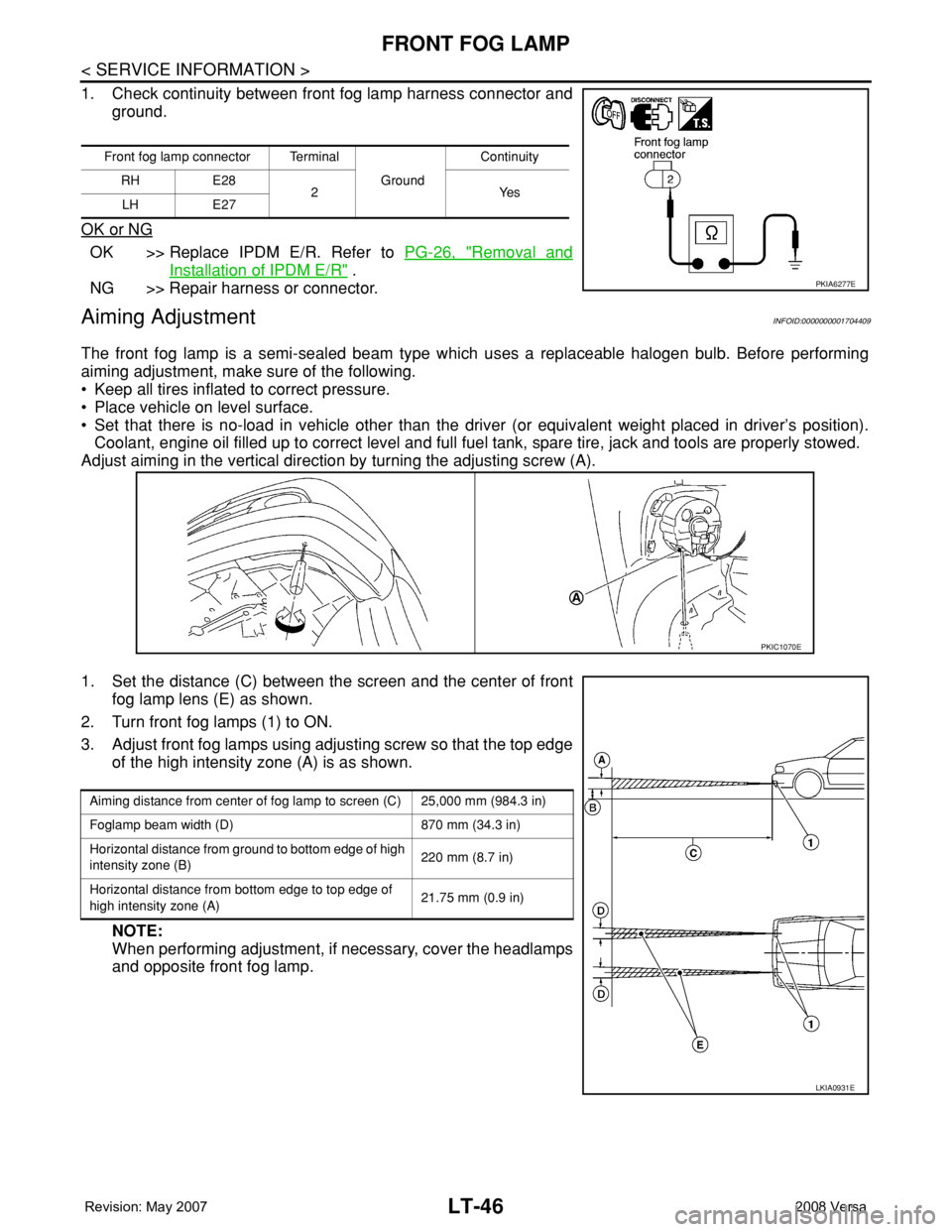 NISSAN LATIO 2008 Service Repair Manual LT-46
< SERVICE INFORMATION >
FRONT FOG LAMP
1. Check continuity between front fog lamp harness connector and
ground.
OK or NG
OK >> Replace IPDM E/R. Refer to PG-26, "Removal and
Installation of NISSAN LATIO 2008 Service Repair Manual LT-46
< SERVICE INFORMATION >
FRONT FOG LAMP
1. Check continuity between front fog lamp harness connector and
ground.
OK or NG
OK >> Replace IPDM E/R. Refer to PG-26, "Removal and
Installation of