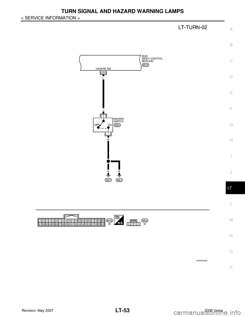NISSAN LATIO 2008  Service Repair Manual TURN SIGNAL AND HAZARD WARNING LAMPS
LT-53
< SERVICE INFORMATION >
C
D
E
F
G
H
I
J
L
MA
B
LT
N
O
P
LKWA0330E 