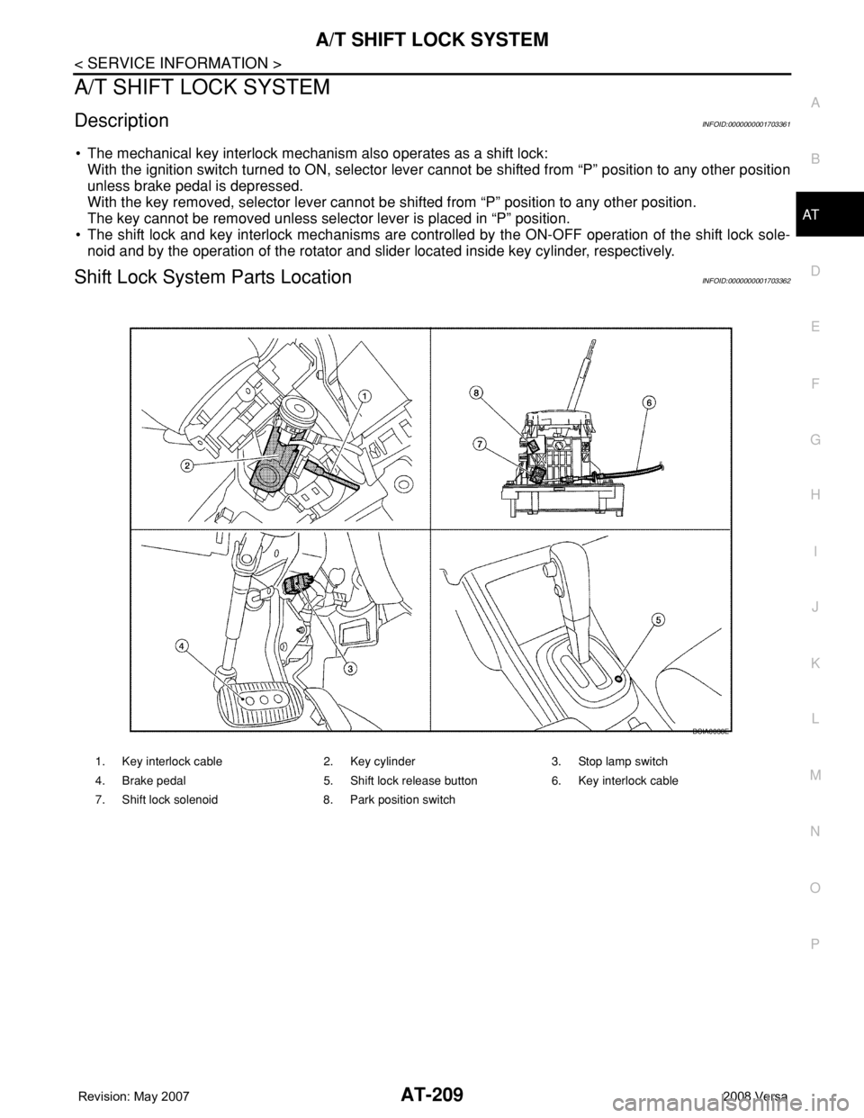 NISSAN LATIO 2008  Service Repair Manual A/T SHIFT LOCK SYSTEM
AT-209
< SERVICE INFORMATION >
D
E
F
G
H
I
J
K
L
MA
B
AT
N
O
P
A/T SHIFT LOCK SYSTEM
DescriptionINFOID:0000000001703361
• The mechanical key interlock mechanism also operates a
