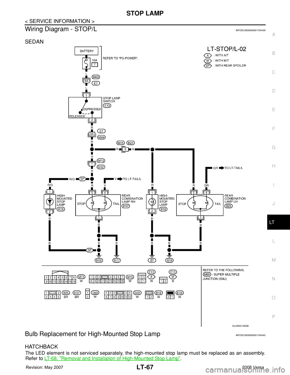 NISSAN LATIO 2008  Service Repair Manual STOP LAMP
LT-67
< SERVICE INFORMATION >
C
D
E
F
G
H
I
J
L
MA
B
LT
N
O
P
Wiring Diagram - STOP/LINFOID:0000000001704439
SEDAN
Bulb Replacement for High-Mounted Stop LampINFOID:0000000001704440
HATCHBAC