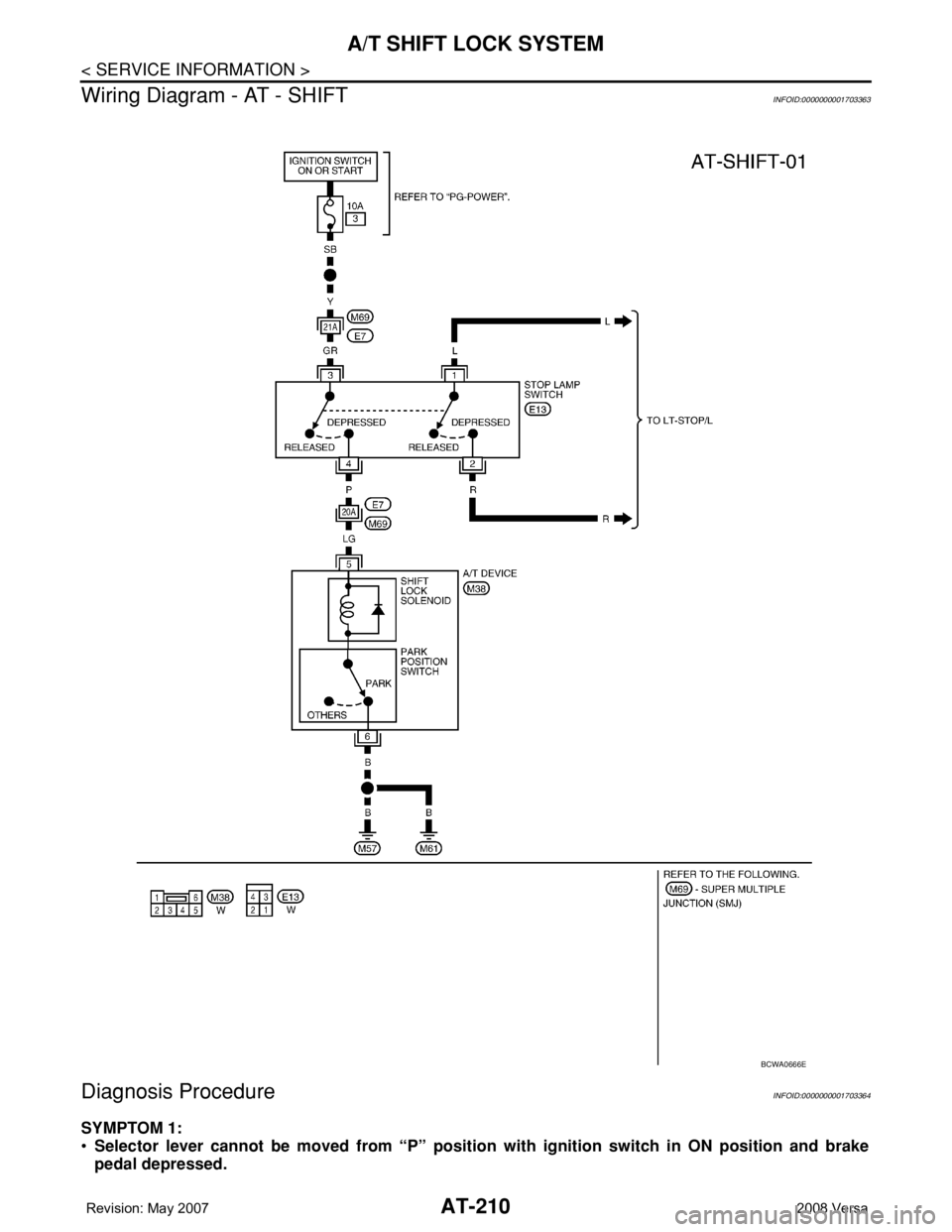 NISSAN LATIO 2008  Service Repair Manual AT-210
< SERVICE INFORMATION >
A/T SHIFT LOCK SYSTEM
Wiring Diagram - AT - SHIFT
INFOID:0000000001703363
Diagnosis ProcedureINFOID:0000000001703364
SYMPTOM 1:
•Selector lever cannot be moved from 