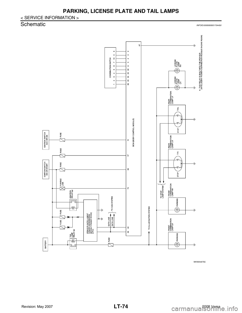 NISSAN LATIO 2008  Service Repair Manual LT-74
< SERVICE INFORMATION >
PARKING, LICENSE PLATE AND TAIL LAMPS
Schematic
INFOID:0000000001704450
WKWA4975E 