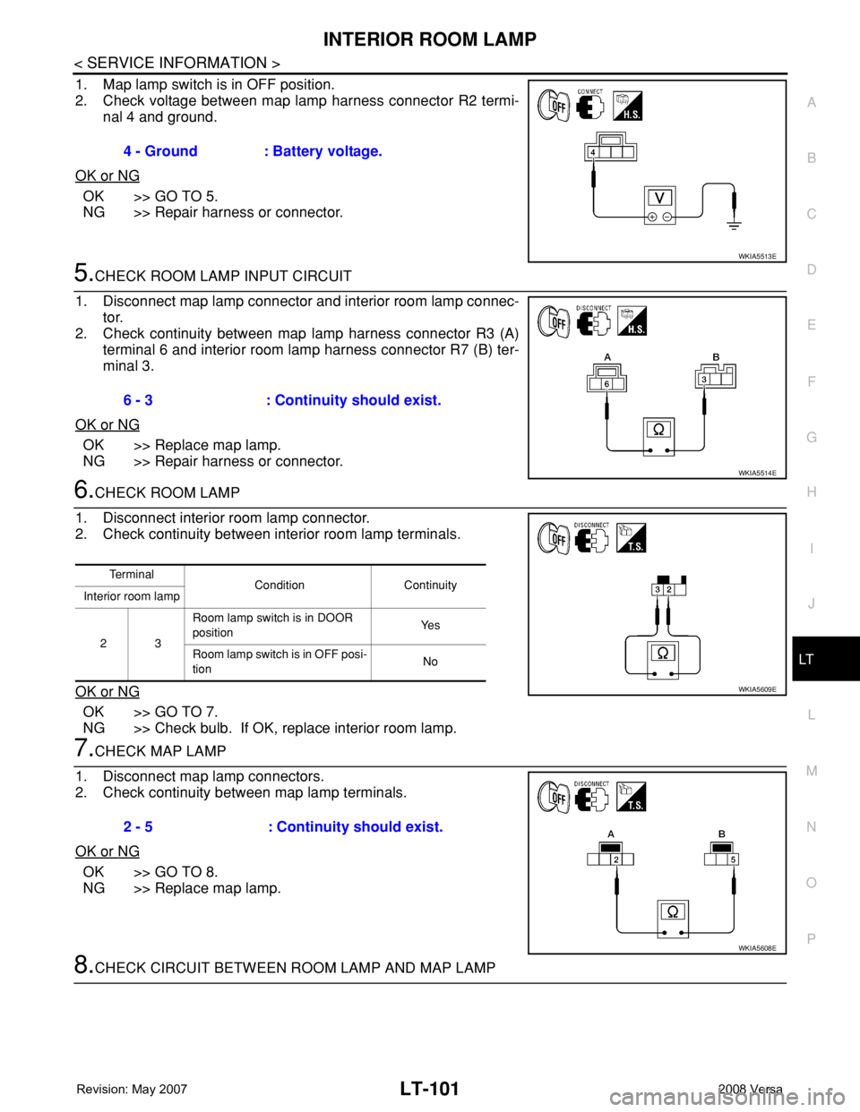 NISSAN LATIO 2008 Service Repair Manual INTERIOR ROOM LAMP
LT-101
< SERVICE INFORMATION >
C
D
E
F
G
H
I
J
L
MA
B
LT
N
O
P
1. Map lamp switch is in OFF position.
2. Check voltage between map lamp harness connector R2 termi-
nal 4 and ground. NISSAN LATIO 2008 Service Repair Manual INTERIOR ROOM LAMP
LT-101
< SERVICE INFORMATION >
C
D
E
F
G
H
I
J
L
MA
B
LT
N
O
P
1. Map lamp switch is in OFF position.
2. Check voltage between map lamp harness connector R2 termi-
nal 4 and ground.