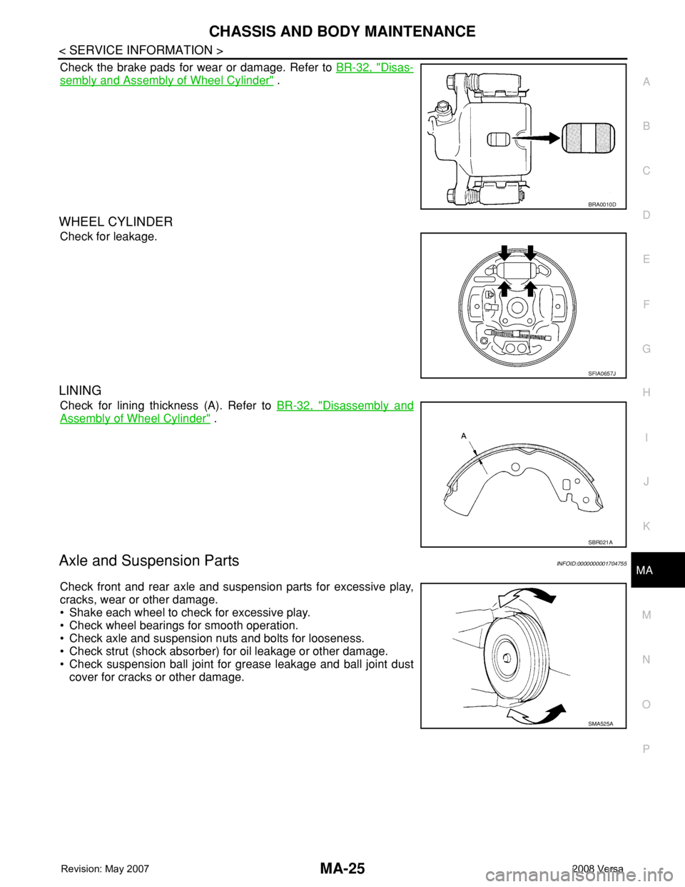 NISSAN LATIO 2008  Service Repair Manual CHASSIS AND BODY MAINTENANCE
MA-25
< SERVICE INFORMATION >
C
D
E
F
G
H
I
J
K
MA
B
MA
N
O
P
Check the brake pads for wear or damage. Refer to BR-32, "Disas-
sembly and Assembly of Wheel Cylinder