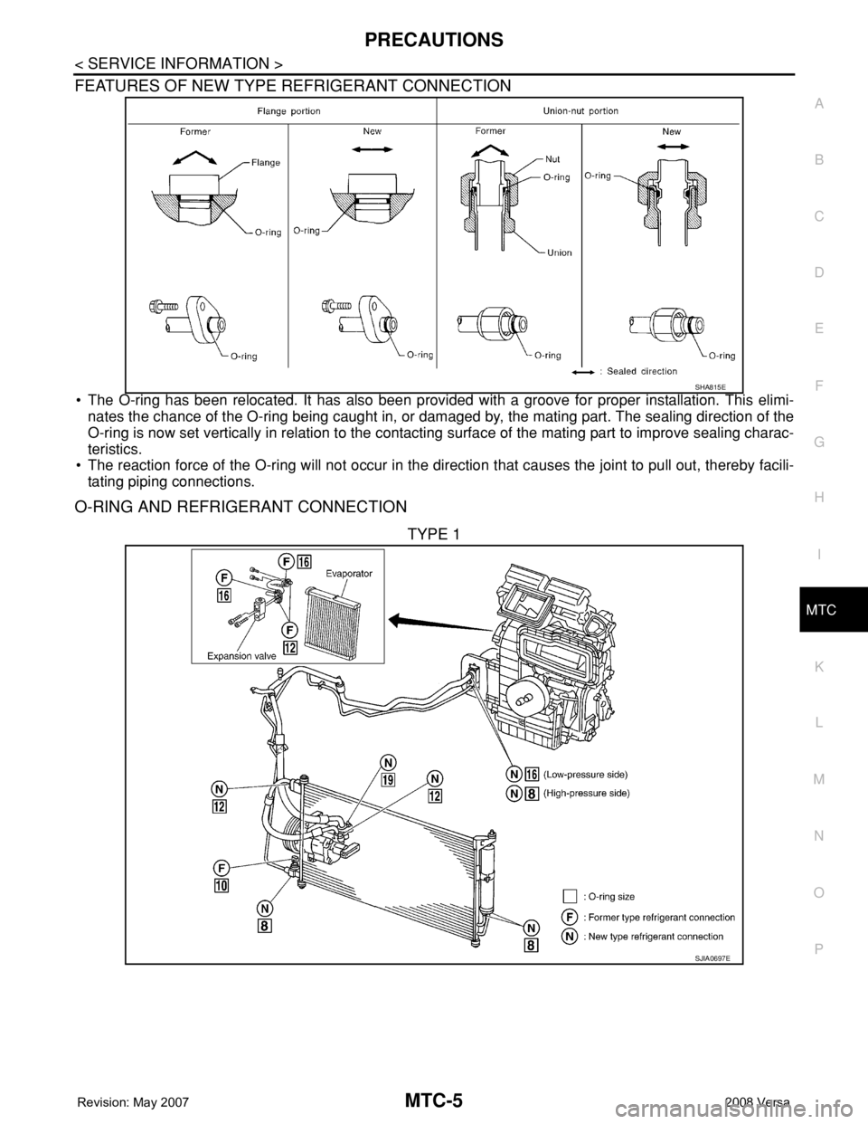 NISSAN LATIO 2008  Service Repair Manual PRECAUTIONS
MTC-5
< SERVICE INFORMATION >
C
D
E
F
G
H
I
K
L
MA
B
MTC
N
O
P
FEATURES OF NEW TYPE REFRIGERANT CONNECTION
• The O-ring has been relocated. It has also been provided with a groove for pr