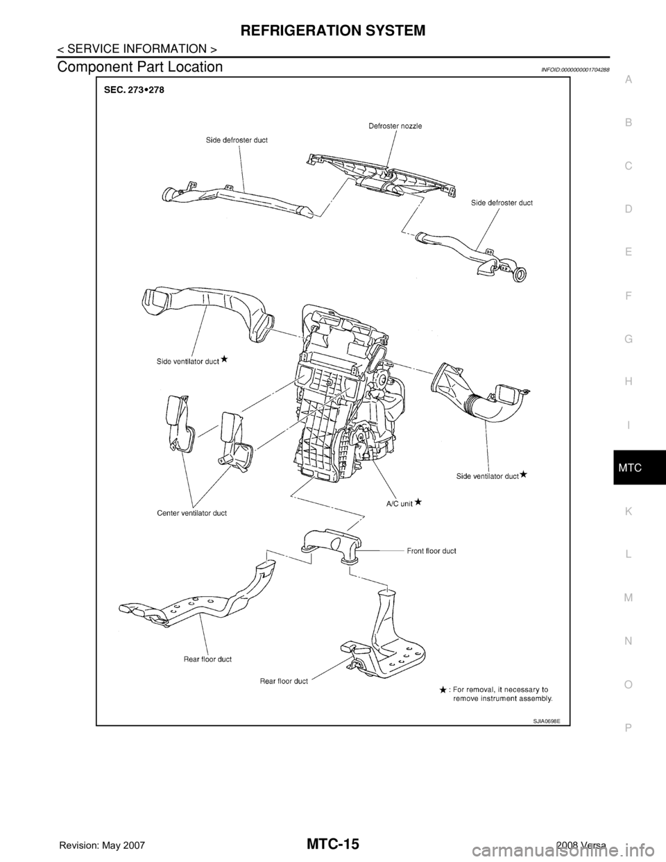 NISSAN LATIO 2008  Service Repair Manual REFRIGERATION SYSTEM
MTC-15
< SERVICE INFORMATION >
C
D
E
F
G
H
I
K
L
MA
B
MTC
N
O
P
Component Part LocationINFOID:0000000001704288
SJIA0698E 