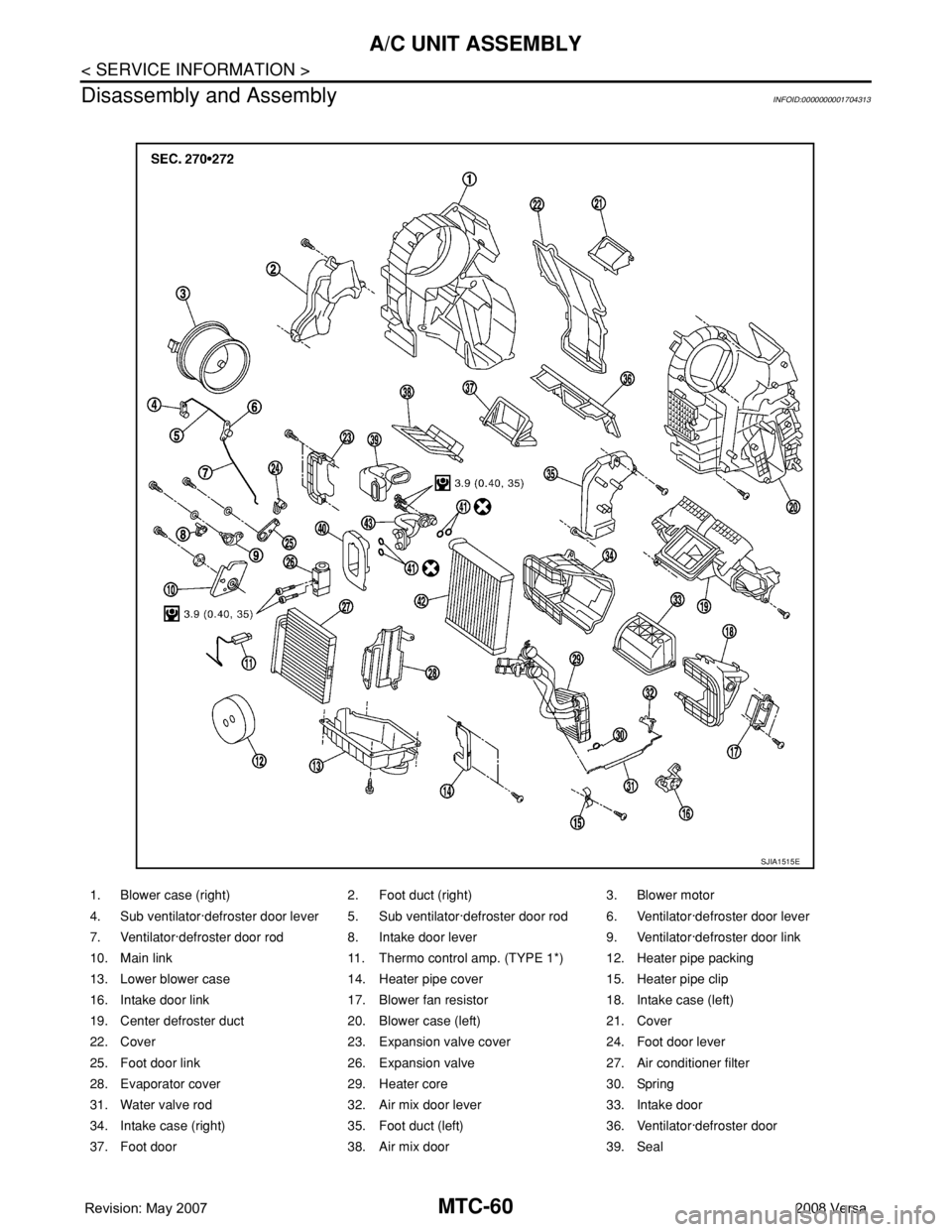 NISSAN LATIO 2008  Service Repair Manual MTC-60
< SERVICE INFORMATION >
A/C UNIT ASSEMBLY
Disassembly and Assembly
INFOID:0000000001704313
1. Blower case (right) 2. Foot duct (right) 3. Blower motor
4. Sub ventilator·defroster door lever 5.