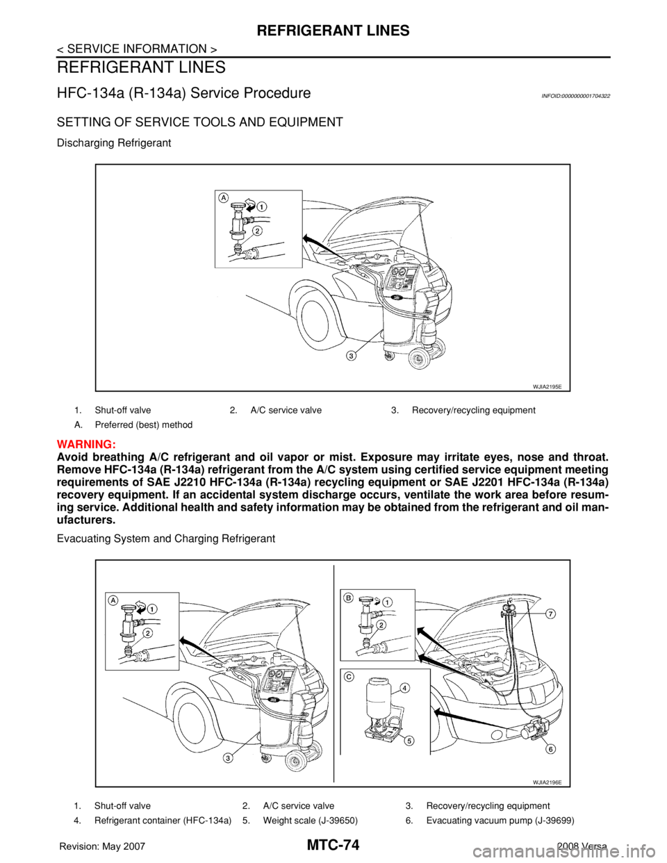 NISSAN LATIO 2008 Service Repair Manual MTC-74
< SERVICE INFORMATION >
REFRIGERANT LINES
REFRIGERANT LINES
HFC-134a (R-134a) Service ProcedureINFOID:0000000001704322
SETTING OF SERVICE TOOLS AND EQUIPMENT
Discharging Refrigerant
WARNING:
Av NISSAN LATIO 2008 Service Repair Manual MTC-74
< SERVICE INFORMATION >
REFRIGERANT LINES
REFRIGERANT LINES
HFC-134a (R-134a) Service ProcedureINFOID:0000000001704322
SETTING OF SERVICE TOOLS AND EQUIPMENT
Discharging Refrigerant
WARNING:
Av