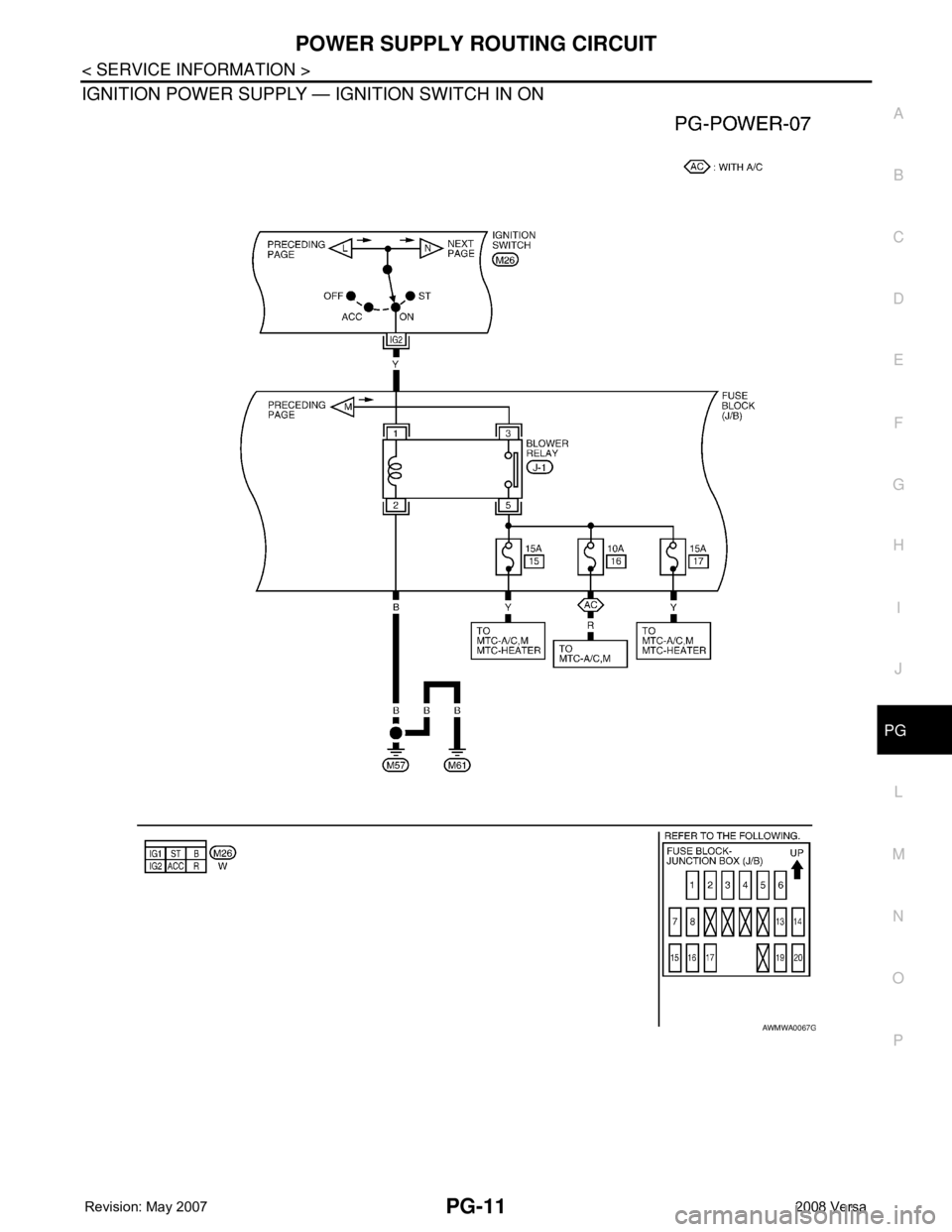 NISSAN LATIO 2008  Service Repair Manual POWER SUPPLY ROUTING CIRCUIT
PG-11
< SERVICE INFORMATION >
C
D
E
F
G
H
I
J
L
MA
B
PG
N
O
P
IGNITION POWER SUPPLY — IGNITION SWITCH IN ON 
AWMWA0067G 