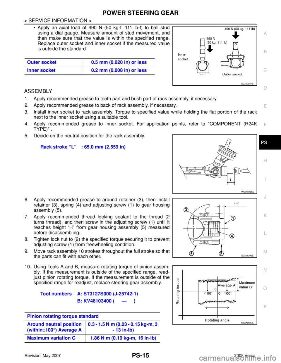 NISSAN LATIO 2008 Service Repair Manual POWER STEERING GEAR
PS-15
< SERVICE INFORMATION >
C
D
E
F
H
I
J
K
L
MA
B
PS
N
O
P
• Apply an axial load of 490 N (50 kg-f, 111 lb-f) to ball stud
using a dial gauge. Measure amount of stud movement, NISSAN LATIO 2008 Service Repair Manual POWER STEERING GEAR
PS-15
< SERVICE INFORMATION >
C
D
E
F
H
I
J
K
L
MA
B
PS
N
O
P
• Apply an axial load of 490 N (50 kg-f, 111 lb-f) to ball stud
using a dial gauge. Measure amount of stud movement,