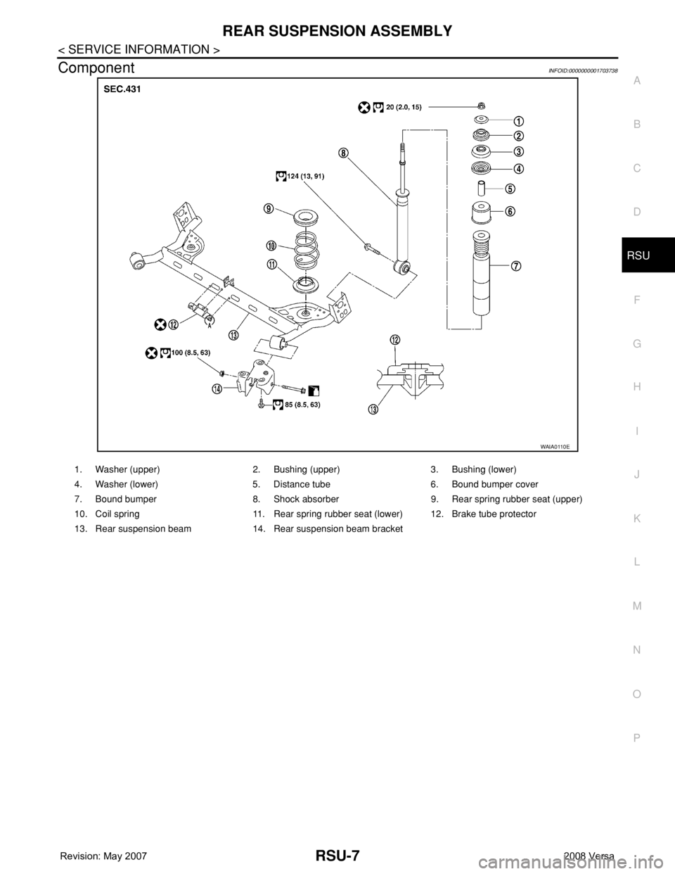 NISSAN LATIO 2008  Service Repair Manual REAR SUSPENSION ASSEMBLY
RSU-7
< SERVICE INFORMATION >
C
D
F
G
H
I
J
K
L
MA
B
RSU
N
O
P
ComponentINFOID:0000000001703738
WAIA0110E
1. Washer (upper) 2. Bushing (upper) 3. Bushing (lower)
4. Washer (lo