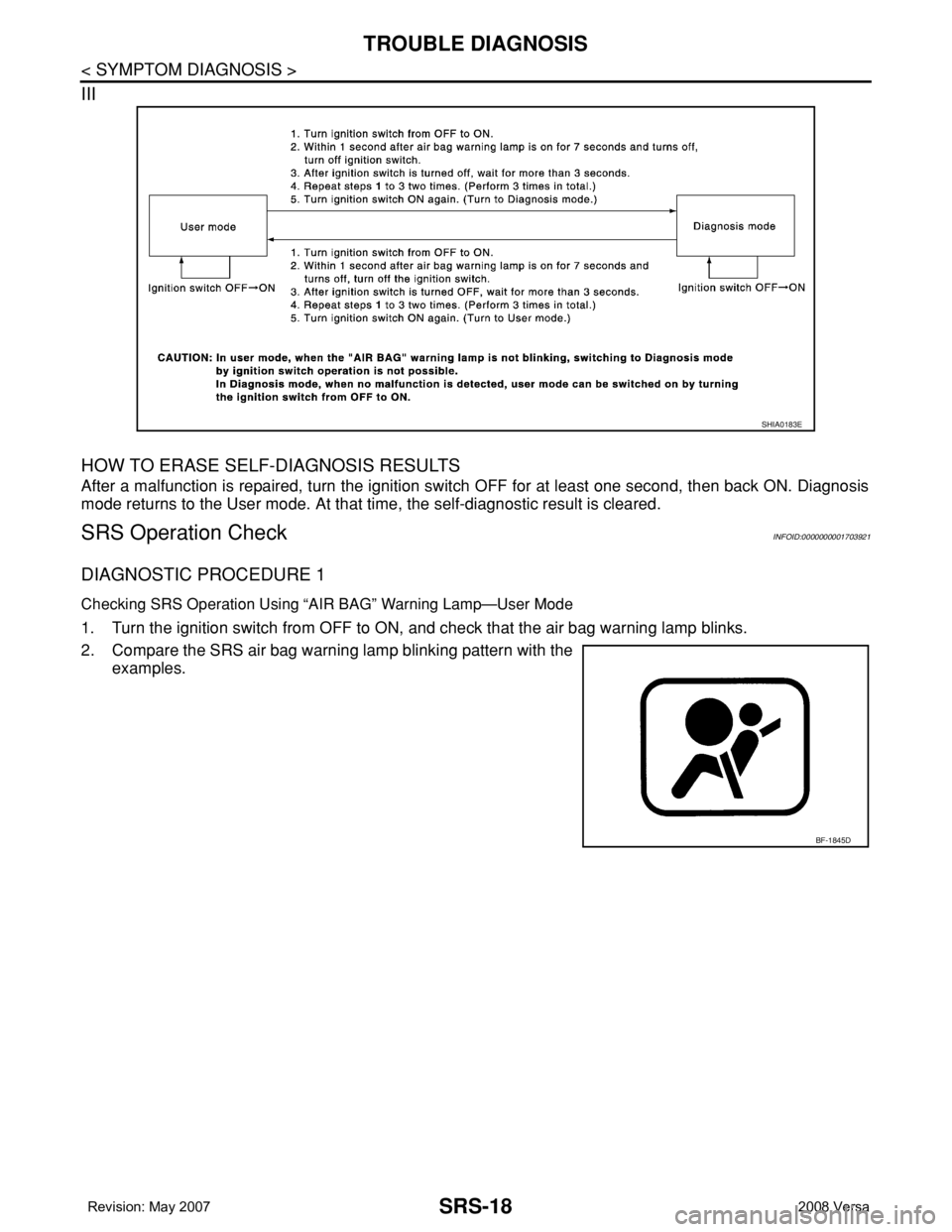 NISSAN LATIO 2008  Service Repair Manual SRS-18
< SYMPTOM DIAGNOSIS >
TROUBLE DIAGNOSIS
III
HOW TO ERASE SELF-DIAGNOSIS RESULTS
After a malfunction is repaired, turn the ignition switch OFF for at least one second, then back ON. Diagnosis
mo