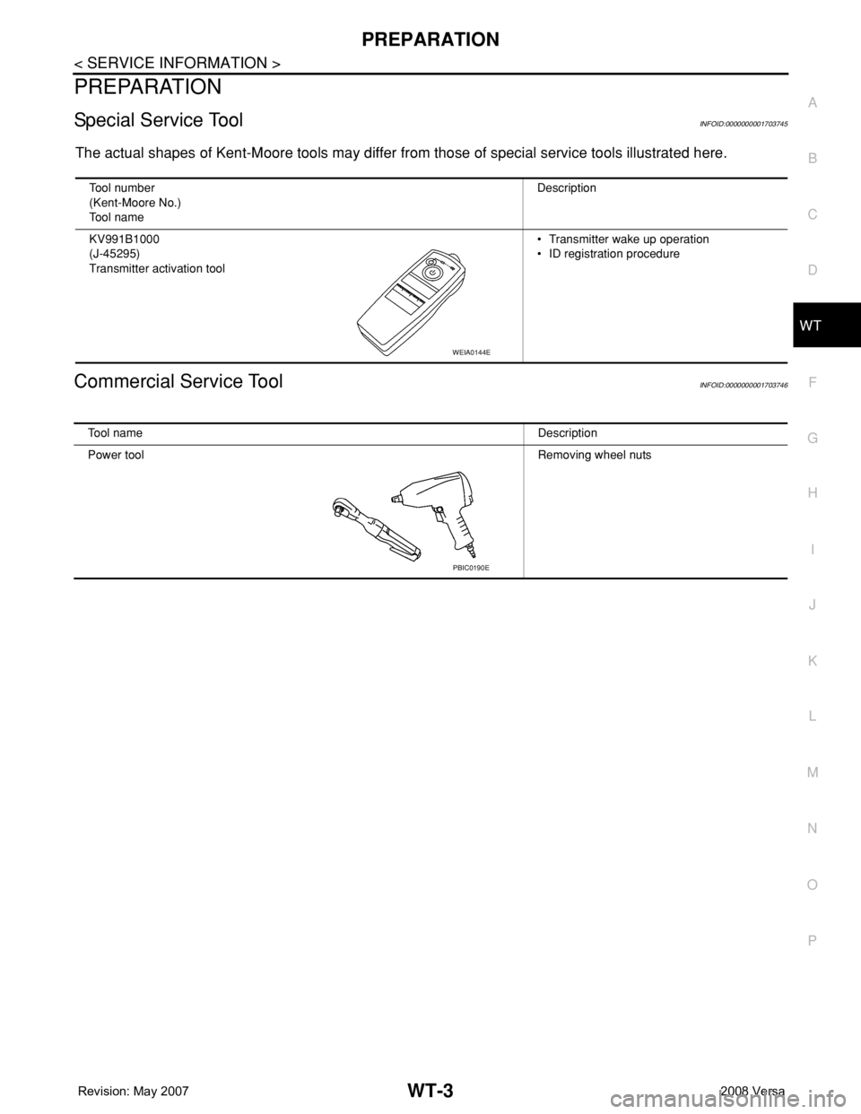 NISSAN LATIO 2008  Service Repair Manual PREPARATION
WT-3
< SERVICE INFORMATION >
C
D
F
G
H
I
J
K
L
MA
B
WT
N
O
P
PREPARATION
Special Service ToolINFOID:0000000001703745
The actual shapes of Kent-Moore tools may differ from those of special 