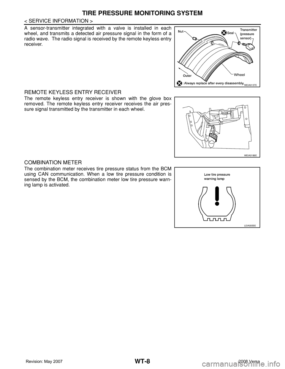 NISSAN LATIO 2008  Service Repair Manual WT-8
< SERVICE INFORMATION >
TIRE PRESSURE MONITORING SYSTEM
A sensor-transmitter integrated with a valve is installed in each
wheel, and transmits a detected air pressure signal in the form of a
radi