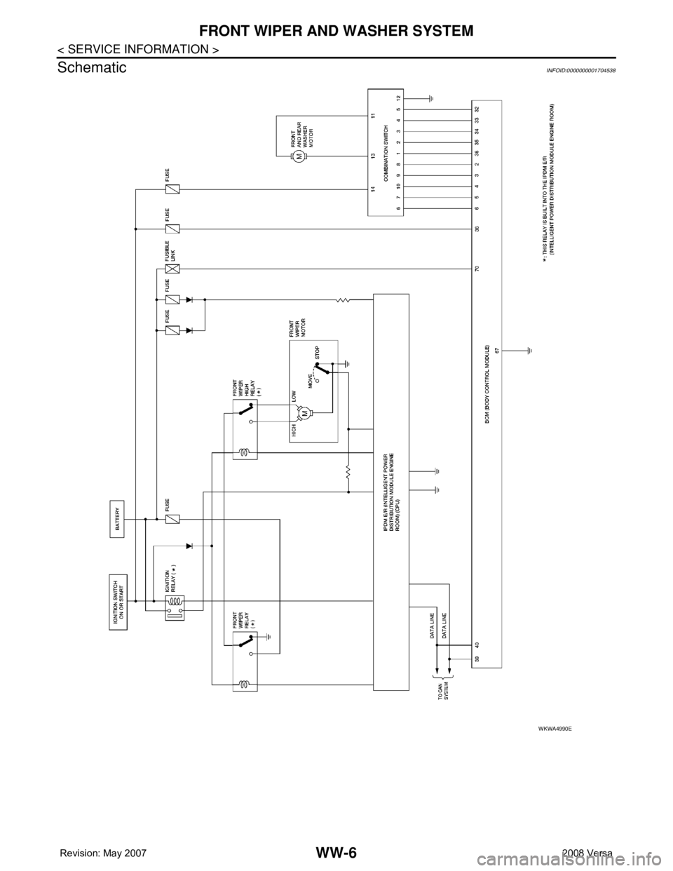 NISSAN LATIO 2008  Service Repair Manual WW-6
< SERVICE INFORMATION >
FRONT WIPER AND WASHER SYSTEM
Schematic
INFOID:0000000001704538
WKWA4990E 