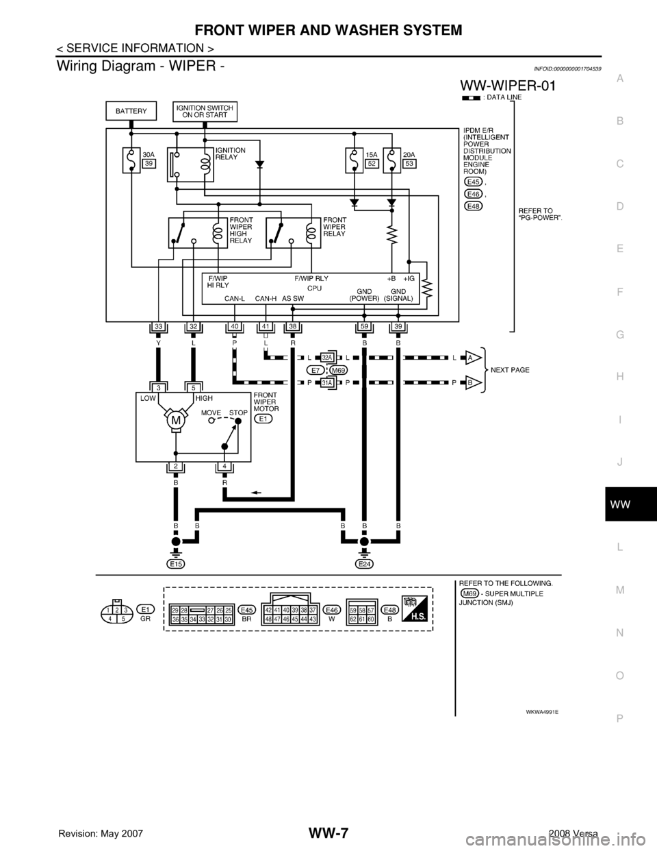 NISSAN LATIO 2008  Service Repair Manual FRONT WIPER AND WASHER SYSTEM
WW-7
< SERVICE INFORMATION >
C
D
E
F
G
H
I
J
L
MA
B
WW
N
O
P
Wiring Diagram - WIPER -INFOID:0000000001704539
WKWA4991E 