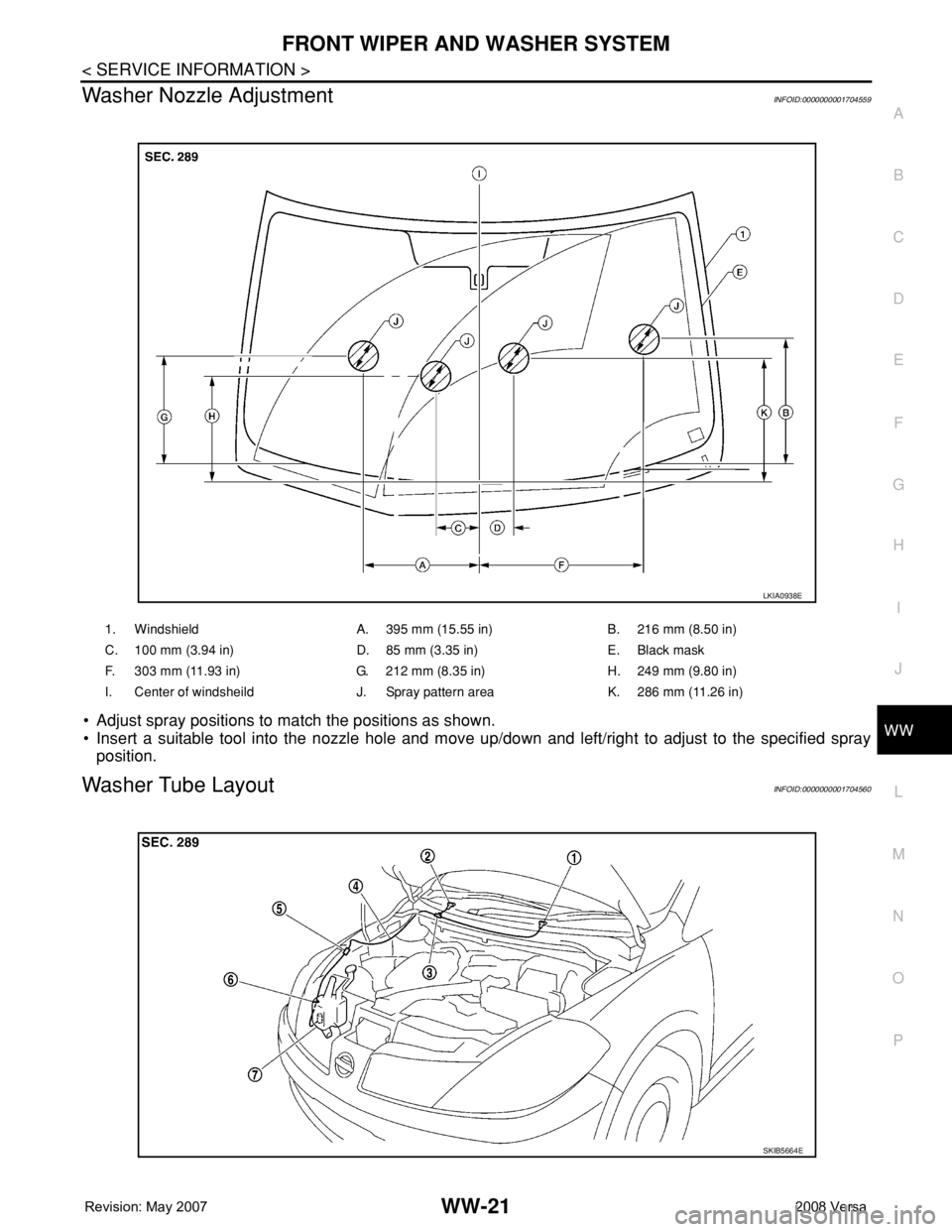 NISSAN LATIO 2008  Service Repair Manual FRONT WIPER AND WASHER SYSTEM
WW-21
< SERVICE INFORMATION >
C
D
E
F
G
H
I
J
L
MA
B
WW
N
O
P
Washer Nozzle AdjustmentINFOID:0000000001704559
• Adjust spray positions to match the positions as shown.
