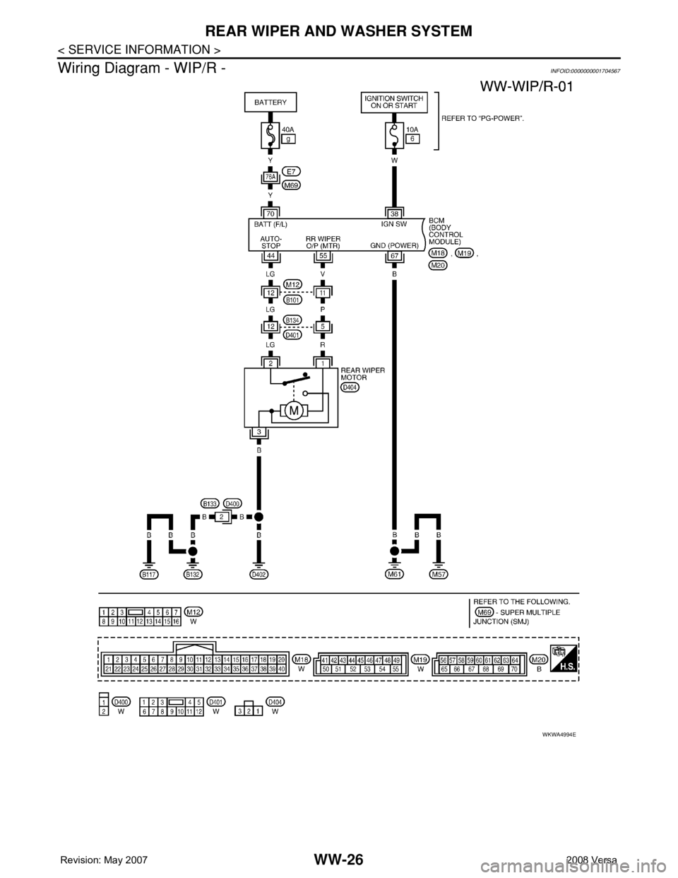 NISSAN LATIO 2008  Service Repair Manual WW-26
< SERVICE INFORMATION >
REAR WIPER AND WASHER SYSTEM
Wiring Diagram - WIP/R -
INFOID:0000000001704567
WKWA4994E 
