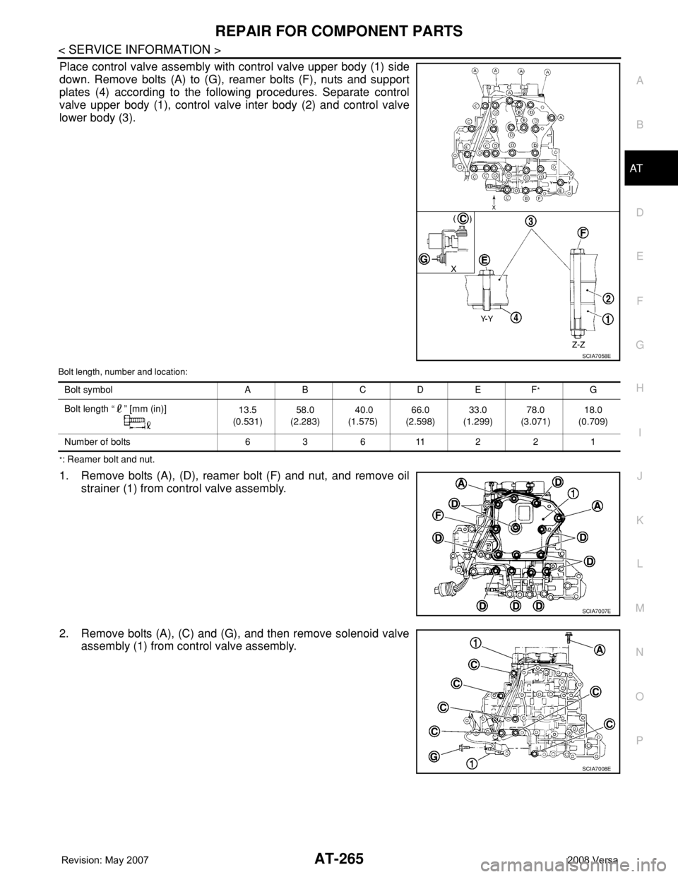 NISSAN LATIO 2008  Service Repair Manual REPAIR FOR COMPONENT PARTS
AT-265
< SERVICE INFORMATION >
D
E
F
G
H
I
J
K
L
MA
B
AT
N
O
P
Place control valve assembly with control valve upper body (1) side
down. Remove bolts (A) to (G), reamer bolt
