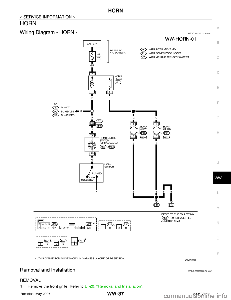 NISSAN LATIO 2008  Service Repair Manual HORN
WW-37
< SERVICE INFORMATION >
C
D
E
F
G
H
I
J
L
MA
B
WW
N
O
P
HORN
Wiring Diagram - HORN -INFOID:0000000001704581
Removal and InstallationINFOID:0000000001704582
REMOVAL
1. Remove the front grill