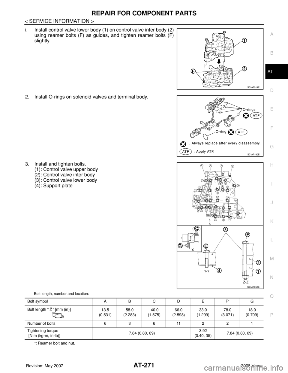 NISSAN LATIO 2008  Service Repair Manual REPAIR FOR COMPONENT PARTS
AT-271
< SERVICE INFORMATION >
D
E
F
G
H
I
J
K
L
MA
B
AT
N
O
P
i. Install control valve lower body (1) on control valve inter body (2)
using reamer bolts (F) as guides, and 