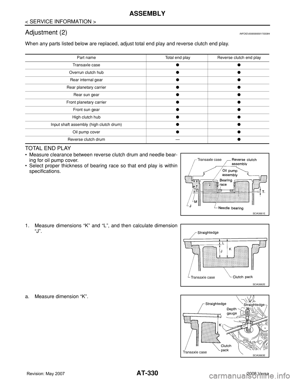 NISSAN LATIO 2008  Service Repair Manual AT-330
< SERVICE INFORMATION >
ASSEMBLY
Adjustment (2)
INFOID:0000000001703394
When any parts listed below are replaced, adjust total end play and reverse clutch end play.
TOTAL END PLAY
• Measure c