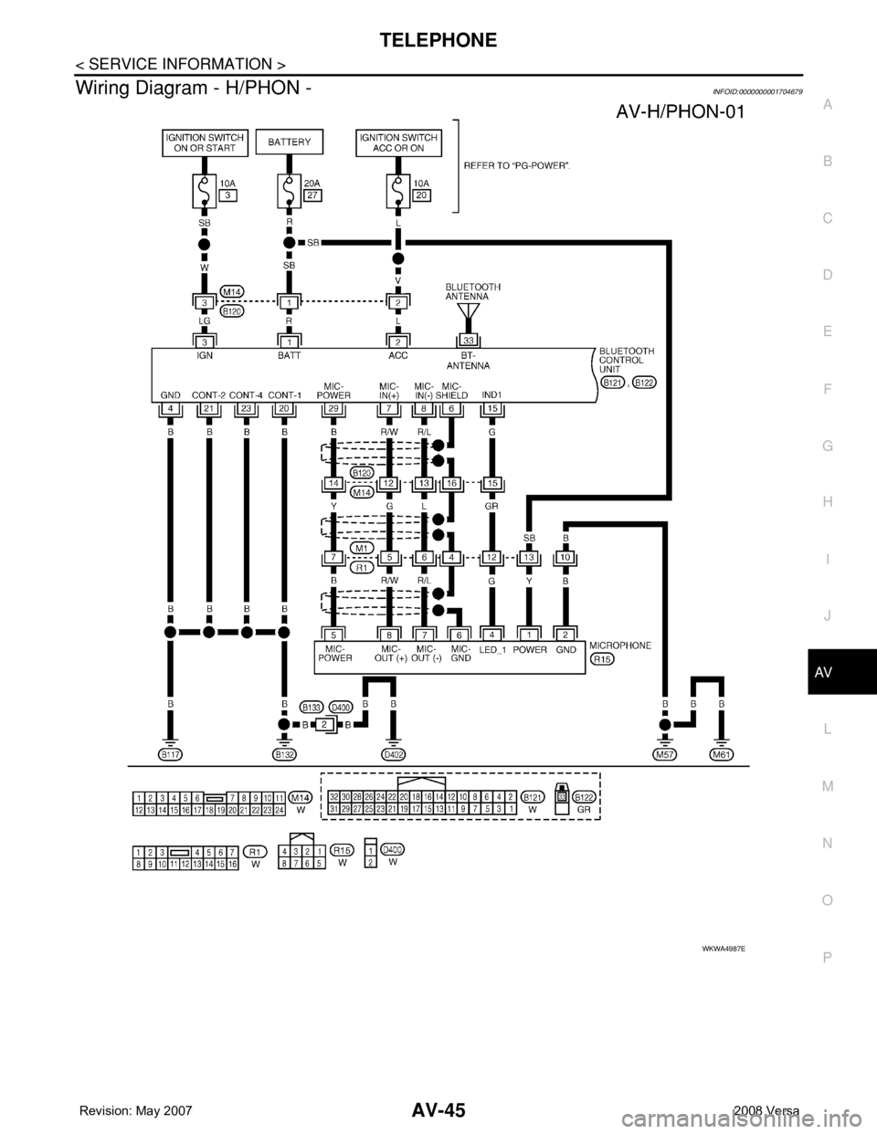 NISSAN LATIO 2008  Service Repair Manual TELEPHONE
AV-45
< SERVICE INFORMATION >
C
D
E
F
G
H
I
J
L
MA
B
AV
N
O
P
Wiring Diagram - H/PHON -INFOID:0000000001704679
WKWA4987E 