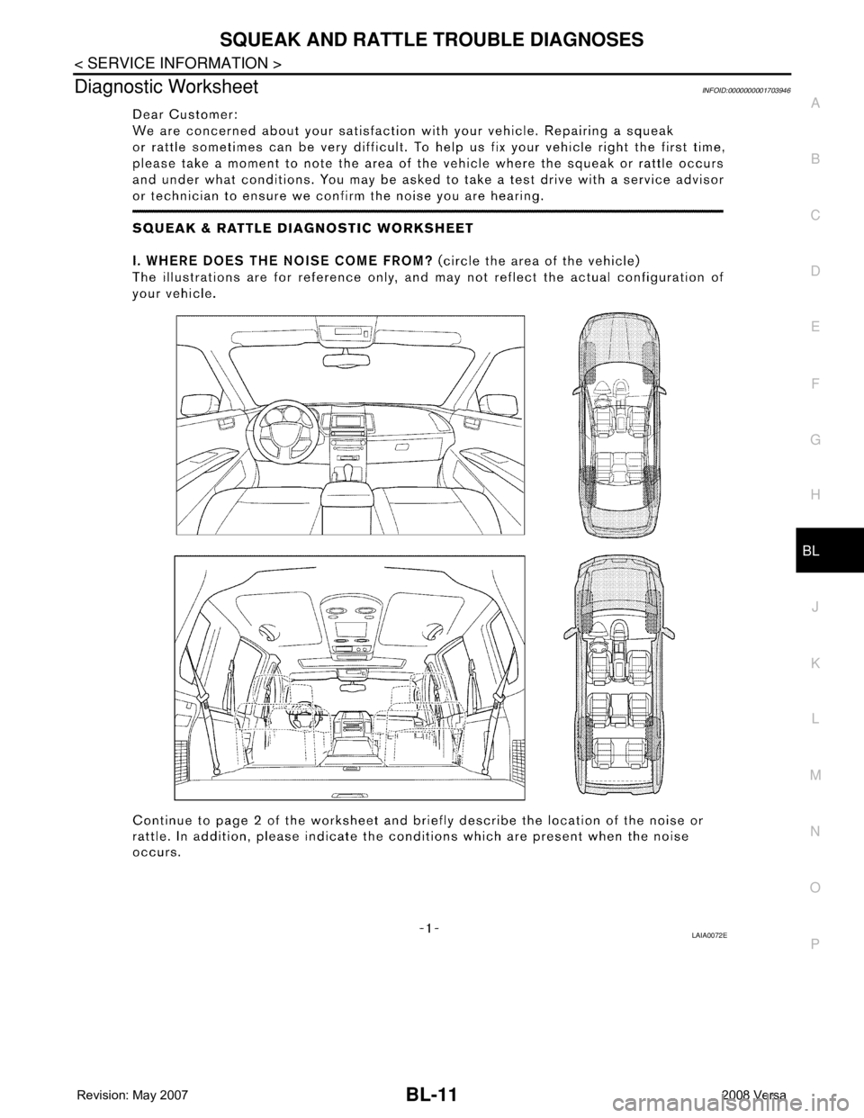 NISSAN LATIO 2008  Service Repair Manual SQUEAK AND RATTLE TROUBLE DIAGNOSES
BL-11
< SERVICE INFORMATION >
C
D
E
F
G
H
J
K
L
MA
B
BL
N
O
P
Diagnostic WorksheetINFOID:0000000001703946
LAIA0072E 