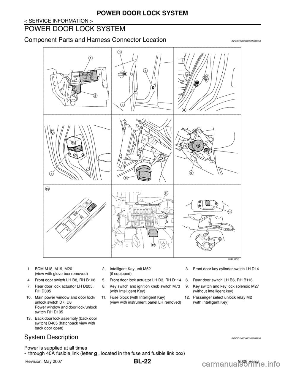 NISSAN LATIO 2008 Service Repair Manual BL-22
< SERVICE INFORMATION >
POWER DOOR LOCK SYSTEM
POWER DOOR LOCK SYSTEM
Component Parts and Harness Connector LocationINFOID:0000000001703953
System DescriptionINFOID:0000000001703954
Power is sup NISSAN LATIO 2008 Service Repair Manual BL-22
< SERVICE INFORMATION >
POWER DOOR LOCK SYSTEM
POWER DOOR LOCK SYSTEM
Component Parts and Harness Connector LocationINFOID:0000000001703953
System DescriptionINFOID:0000000001703954
Power is sup