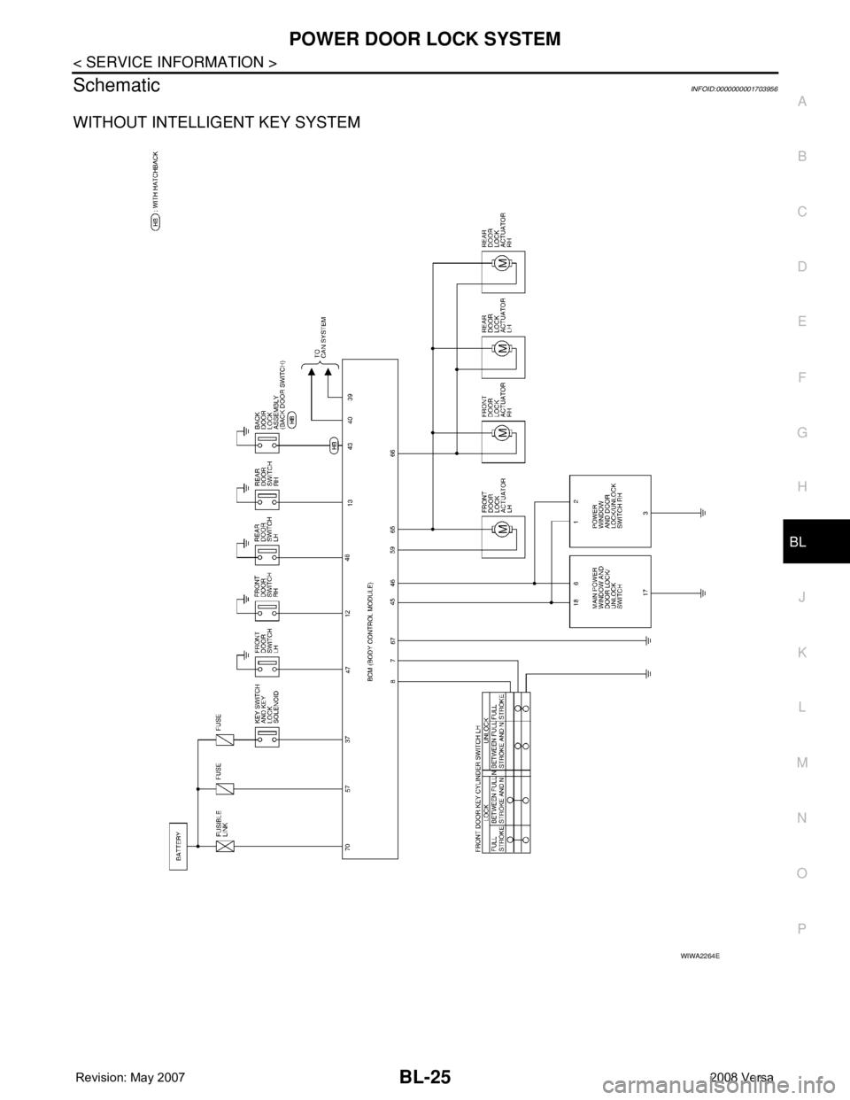 NISSAN LATIO 2008  Service Repair Manual POWER DOOR LOCK SYSTEM
BL-25
< SERVICE INFORMATION >
C
D
E
F
G
H
J
K
L
MA
B
BL
N
O
P
SchematicINFOID:0000000001703956
WITHOUT INTELLIGENT KEY SYSTEM
WIWA2264E 