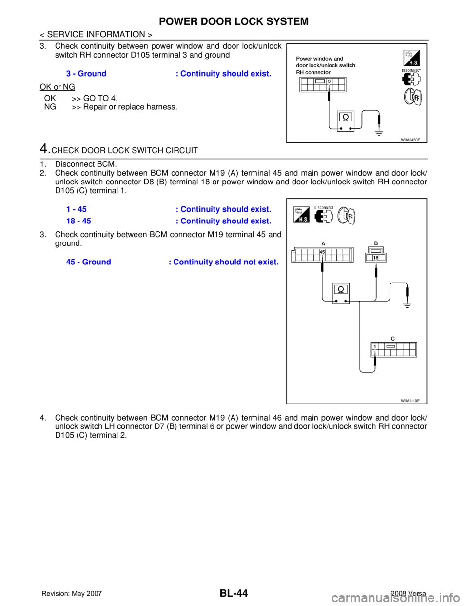 NISSAN LATIO 2008  Service Repair Manual BL-44
< SERVICE INFORMATION >
POWER DOOR LOCK SYSTEM
3. Check continuity between power window and door lock/unlock
switch RH connector D105 terminal 3 and ground
OK or NG
OK >> GO TO 4.
NG >> Repair o